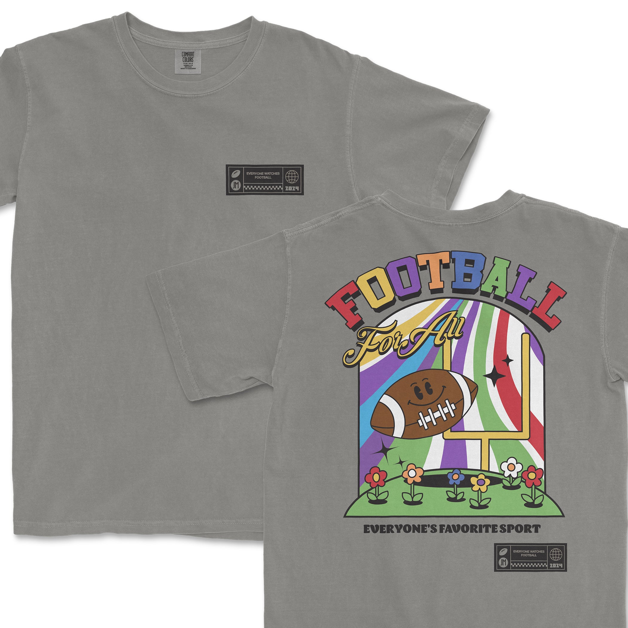 Gray Comfort Colors T-shirt featuring colorful "Everyone Watches Football" graphic with a smiling football, flowers, and a goalpost.