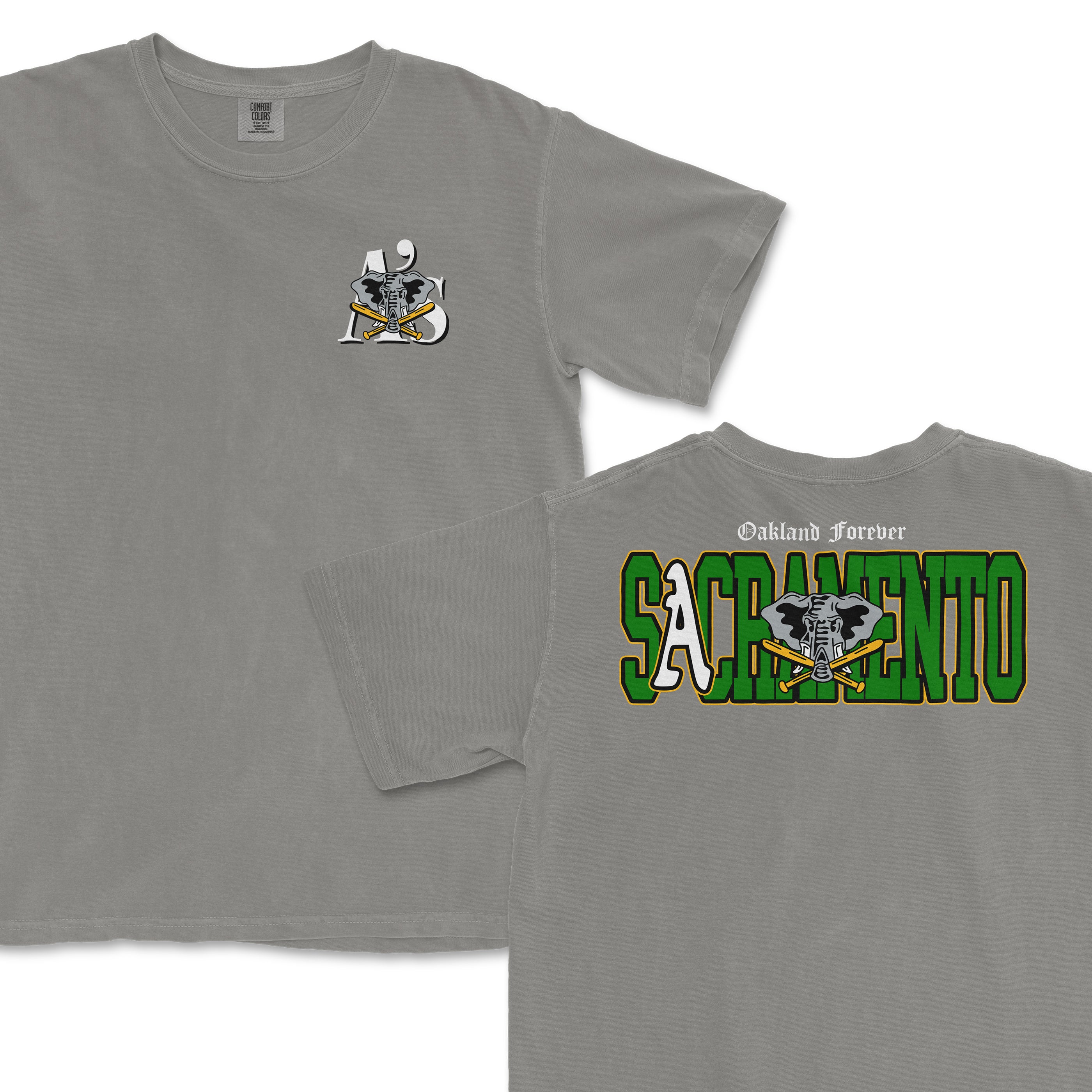 Gray T-shirt with "Oakland Forever" text and a logo featuring a black panther head, crossed hockey sticks, and "Sacramento" lettering.