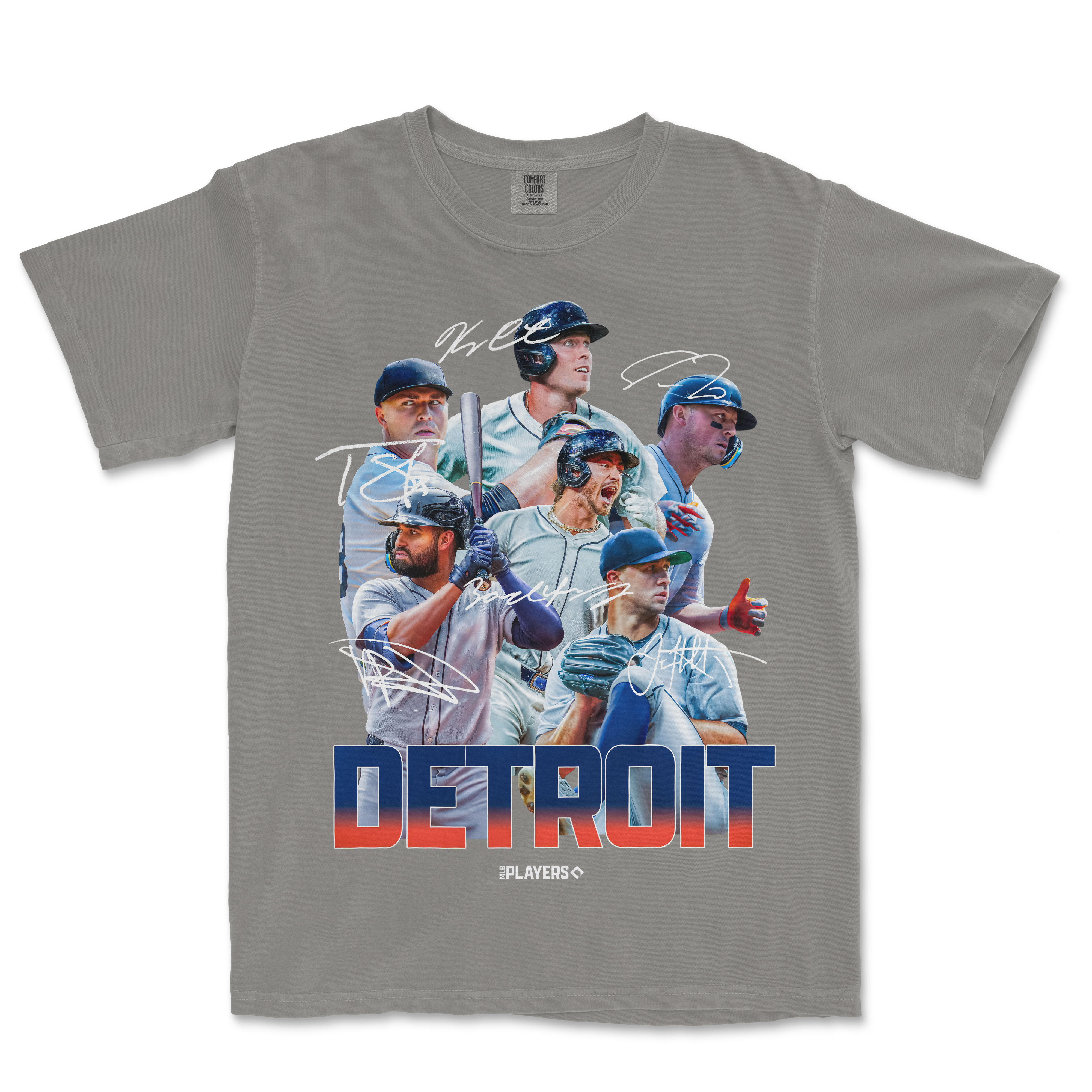 Gray Comfort Colors tee featuring a graphic of Detroit baseball players with "DETROIT" in bold letters and handwritten signatures.