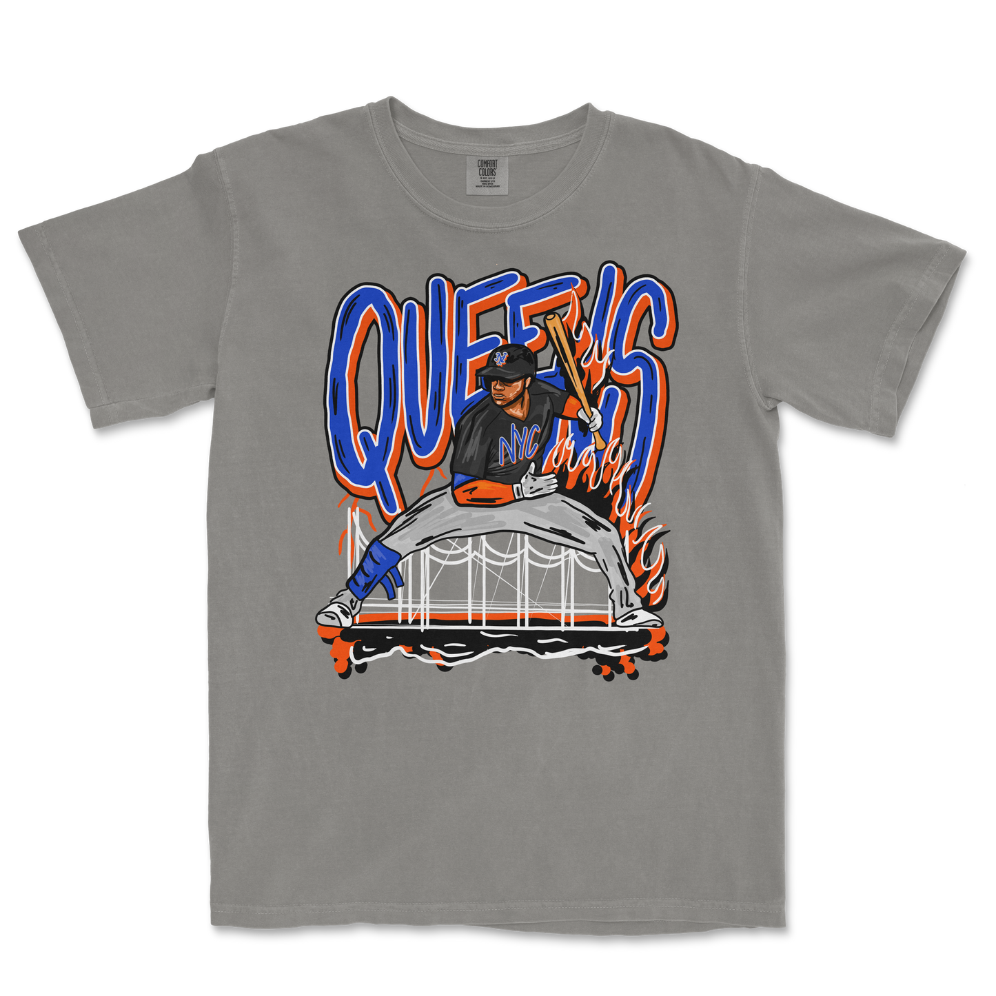 Gray T-shirt featuring a graphic of a baseball player with "QUEENS" in bold blue letters, holding a flaming bat, with NYC references.