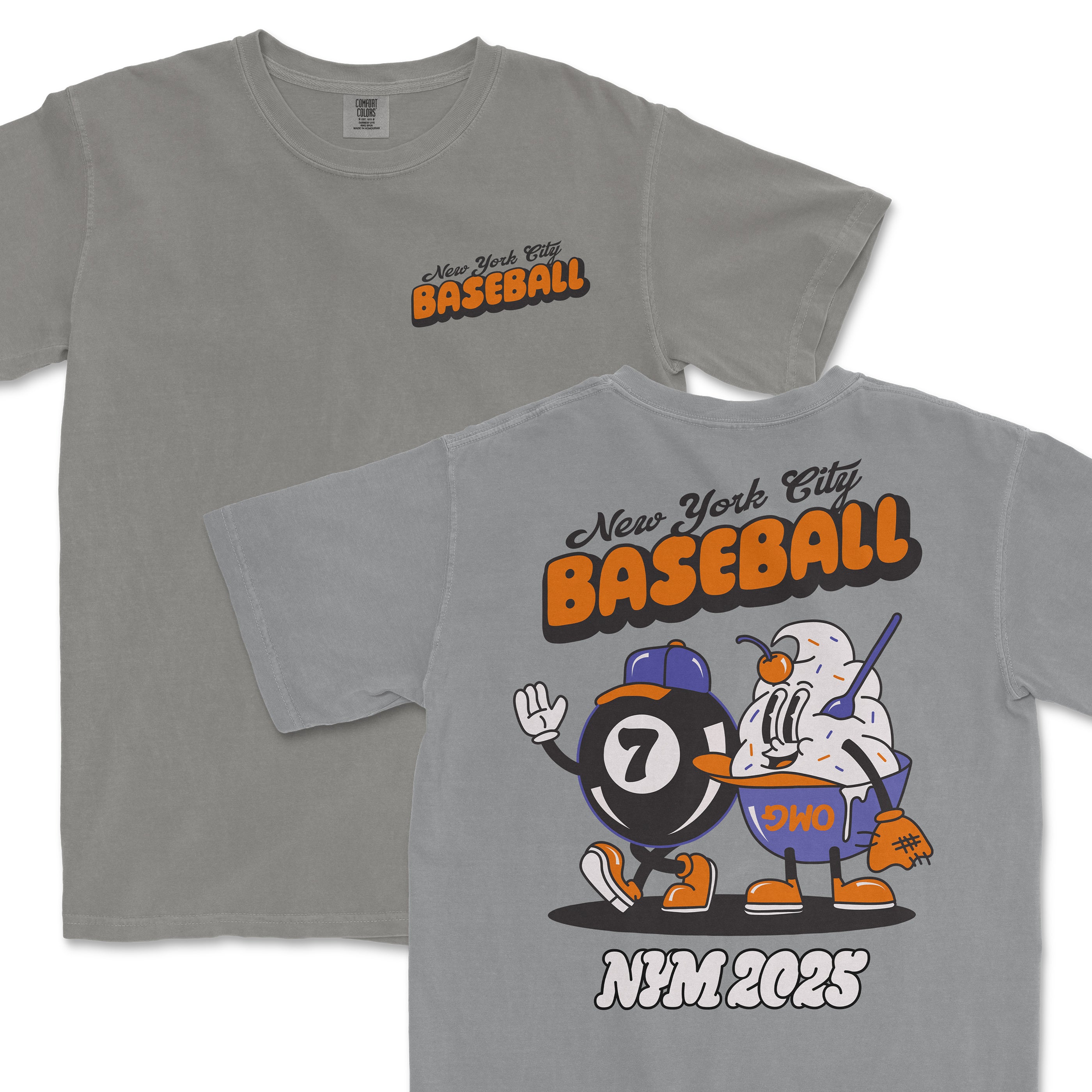 Gray Comfort Colors T-shirt featuring a vintage-style graphic of a magic 7 ball and a cartoon ice cream bowl with "NYC 2023" text.
