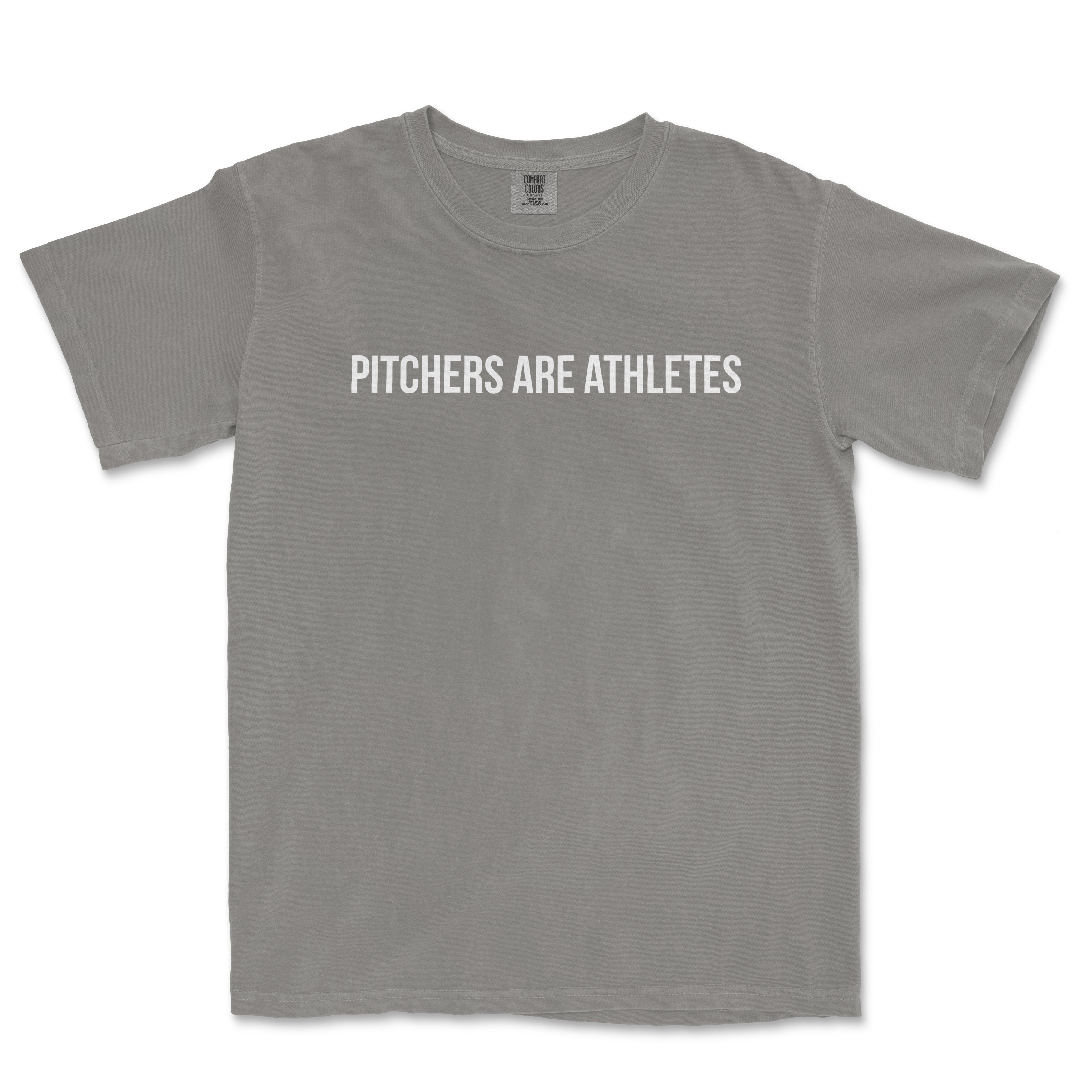Gray t-shirt featuring the bold text "PITCHERS ARE ATHLETES" in white, designed for baseball fans.
