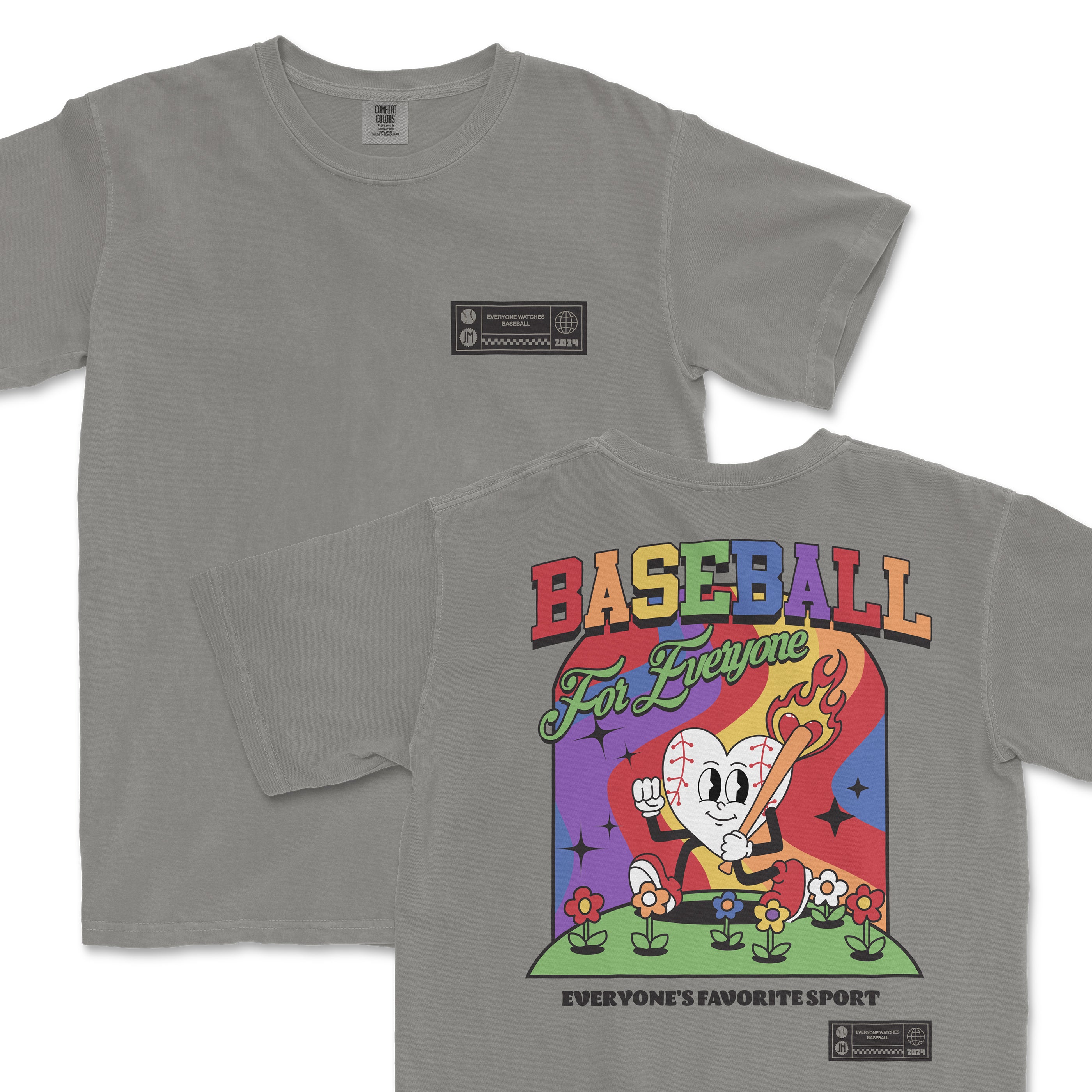 Gray t-shirt featuring a colorful graphic of a cartoon character playing baseball with the text "Baseball For Everyone" on the back.