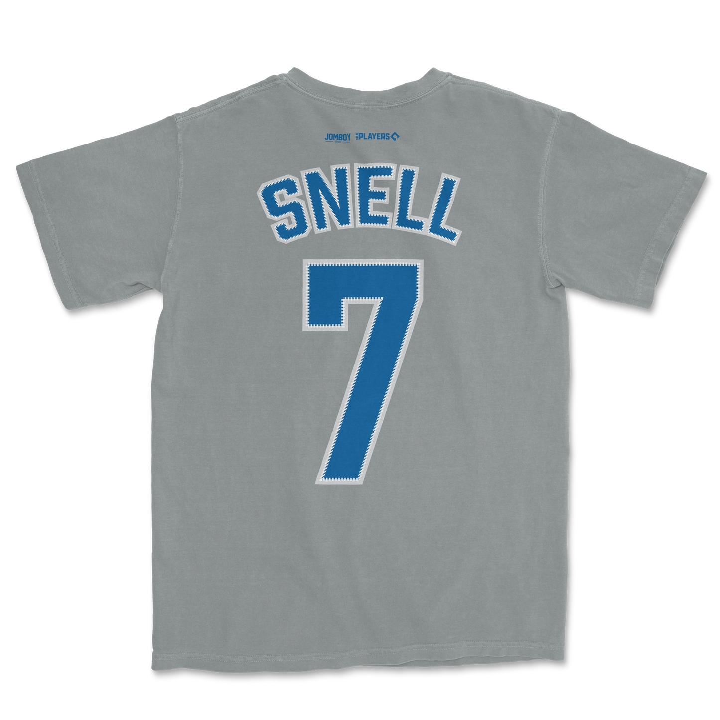 Gray Comfort Colors tee featuring a blue and white "Snell" name and number 7 on the back, with small sponsor logos near the collar.