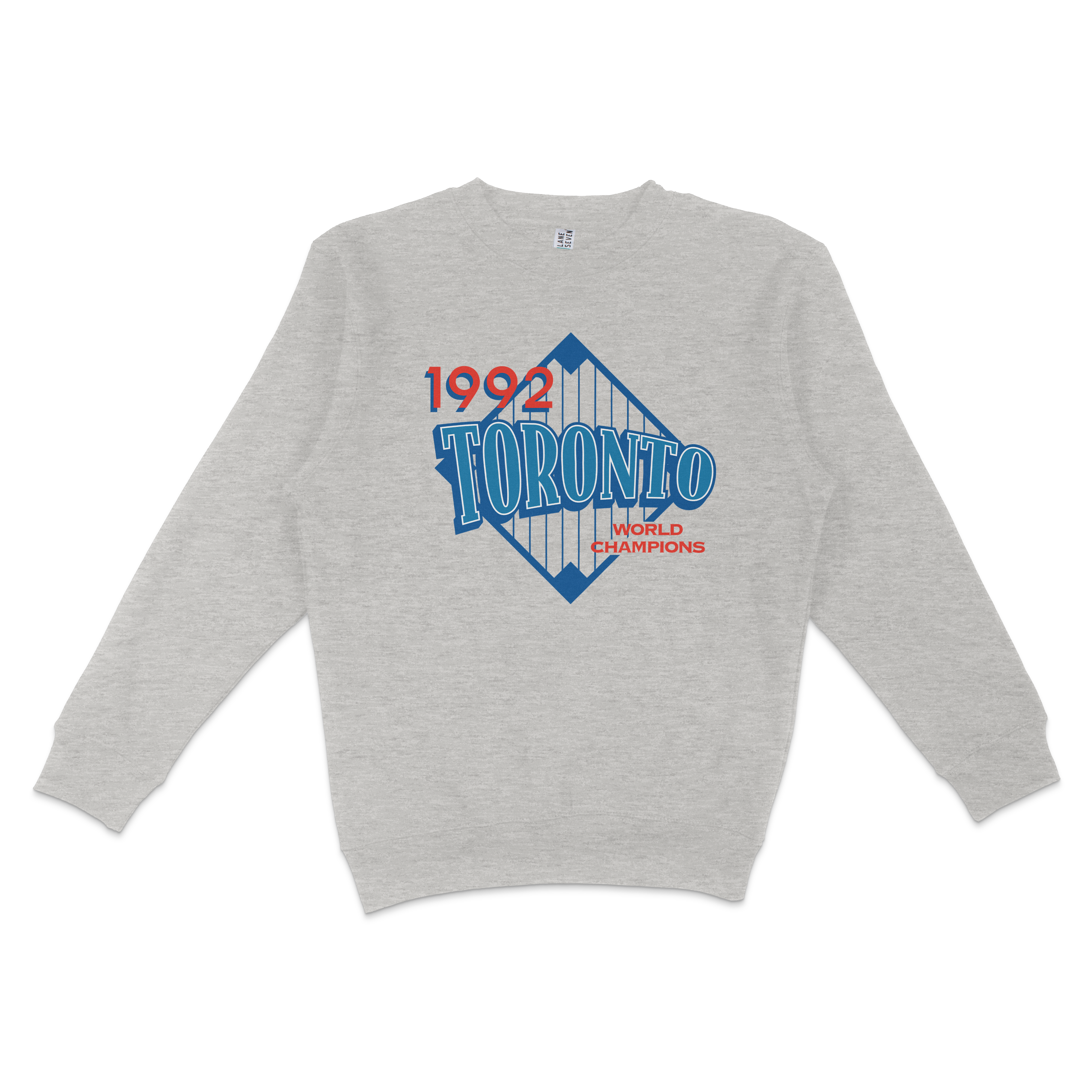 Gray crewneck sweatshirt featuring a vintage Toronto 1992 World Champions graphic with blue and red text and design elements.