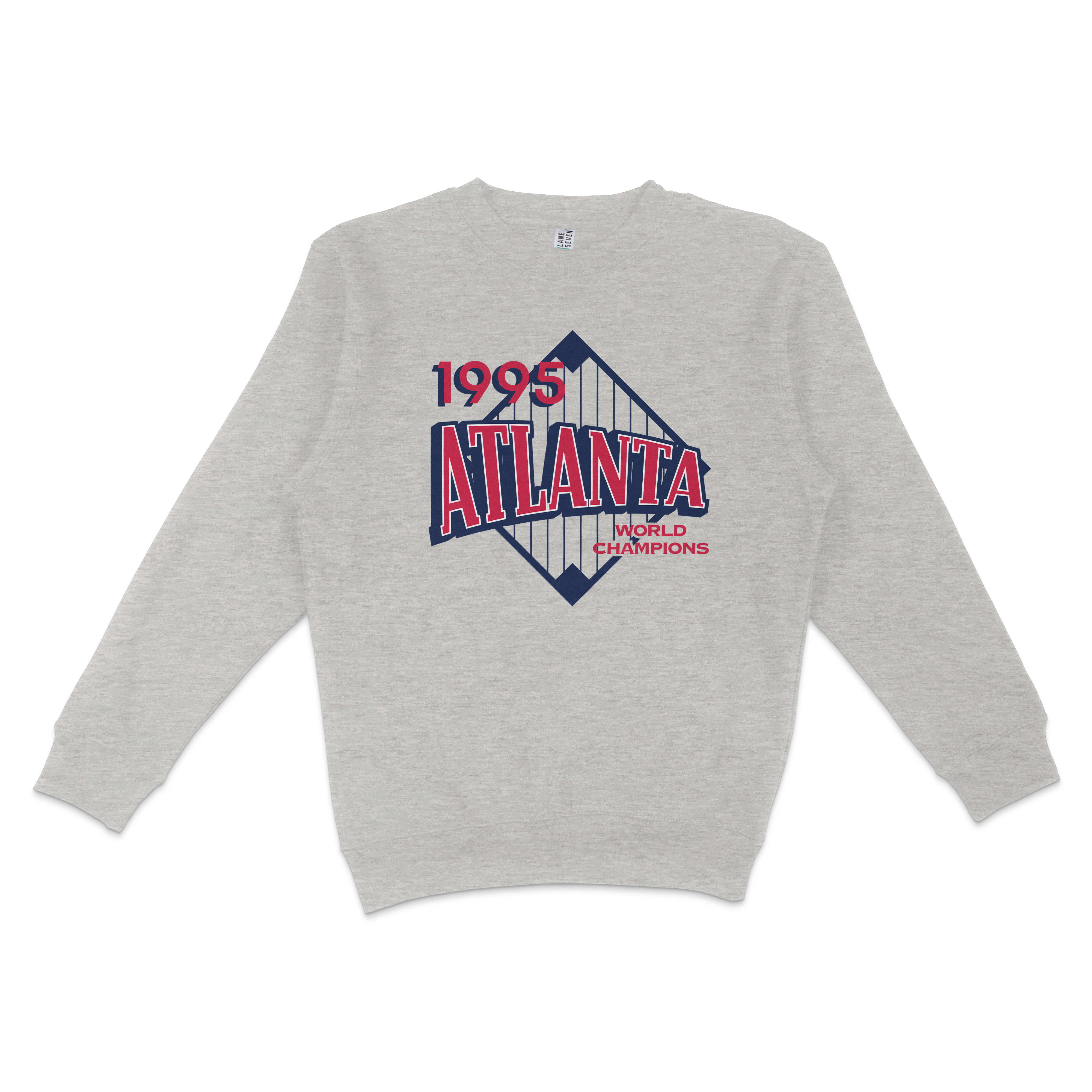 Gray crewneck sweatshirt featuring a vintage-style graphic of the 1995 Atlanta skyline with "World Champions" text.