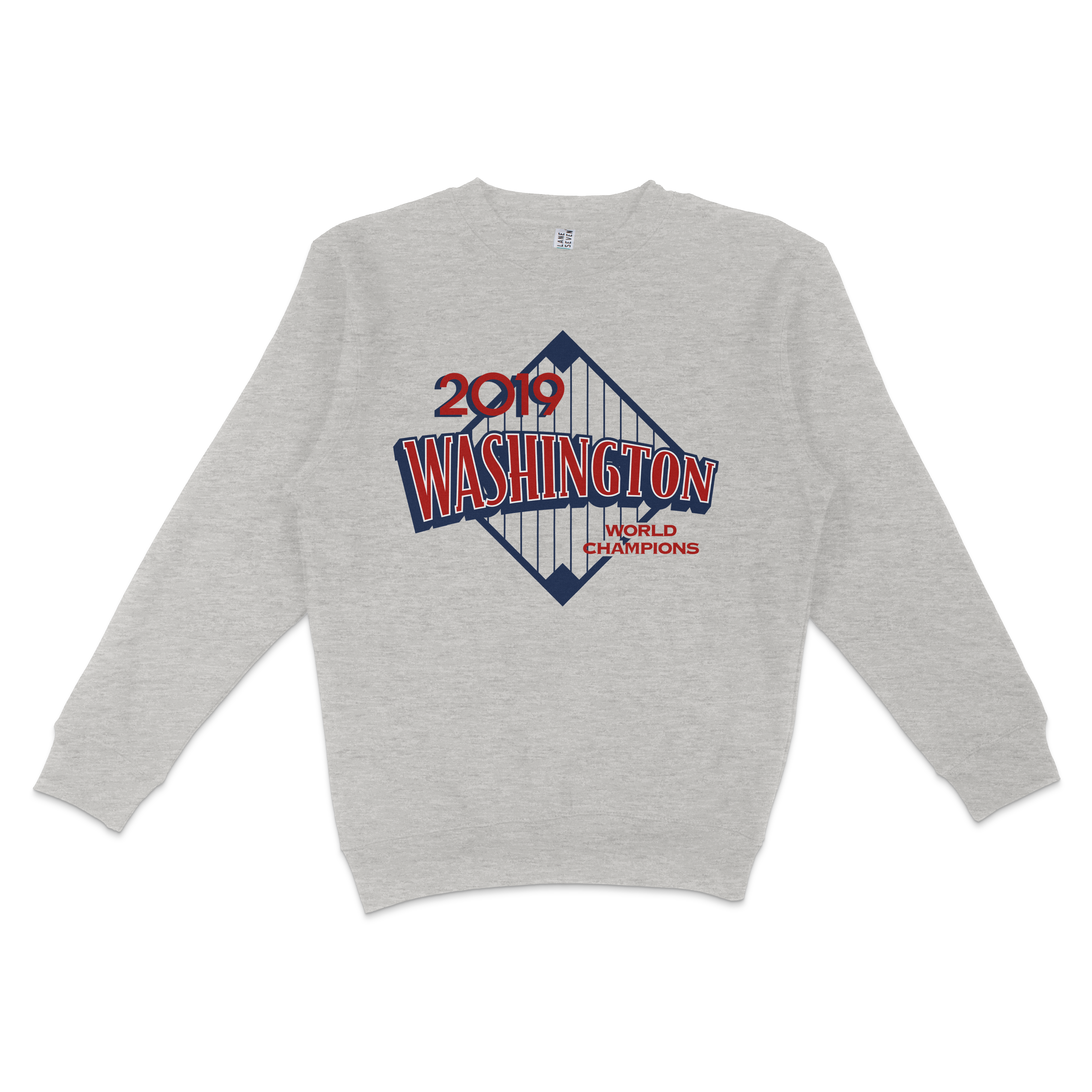 Gray crewneck sweatshirt featuring a 2019 Washington World Champions graphic with a bridge design and bold red and blue text.
