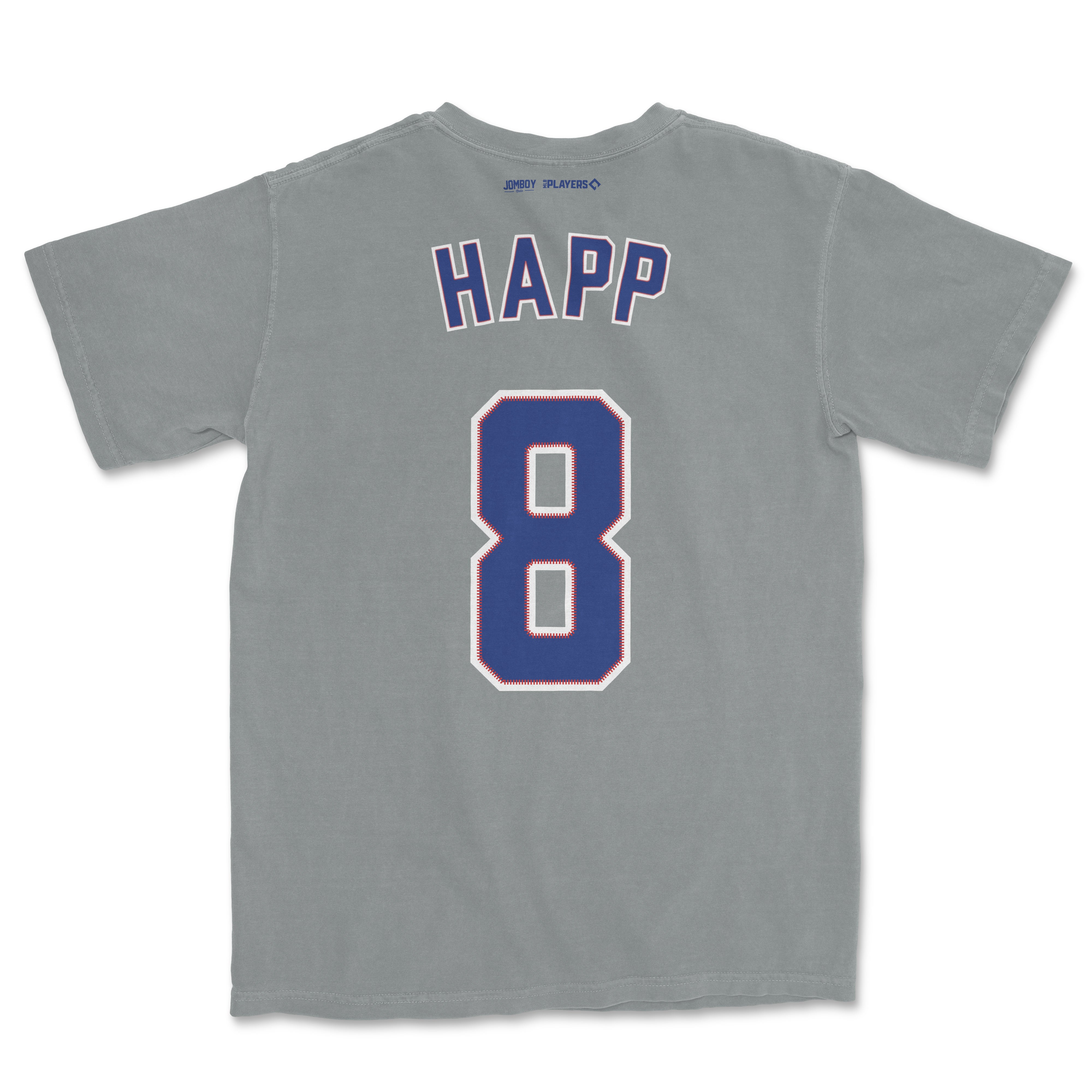 Gray Comfort Colors tee featuring "Happ" and the number 8 in blue and white, inspired by Ian Happ Shirsey design.