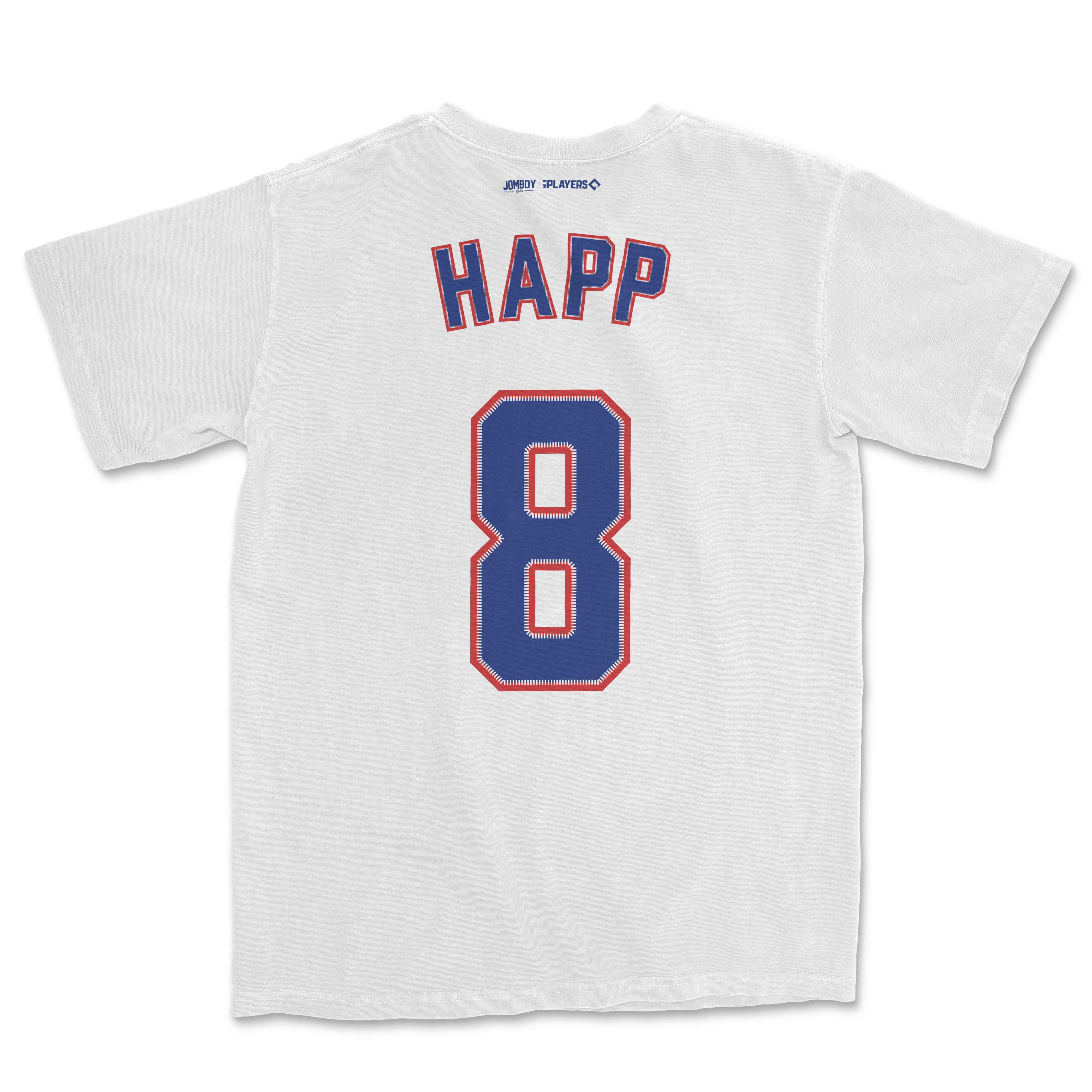 White Comfort Colors tee featuring "HAPP" and the number 8 in blue and red, with small logos at the top back.