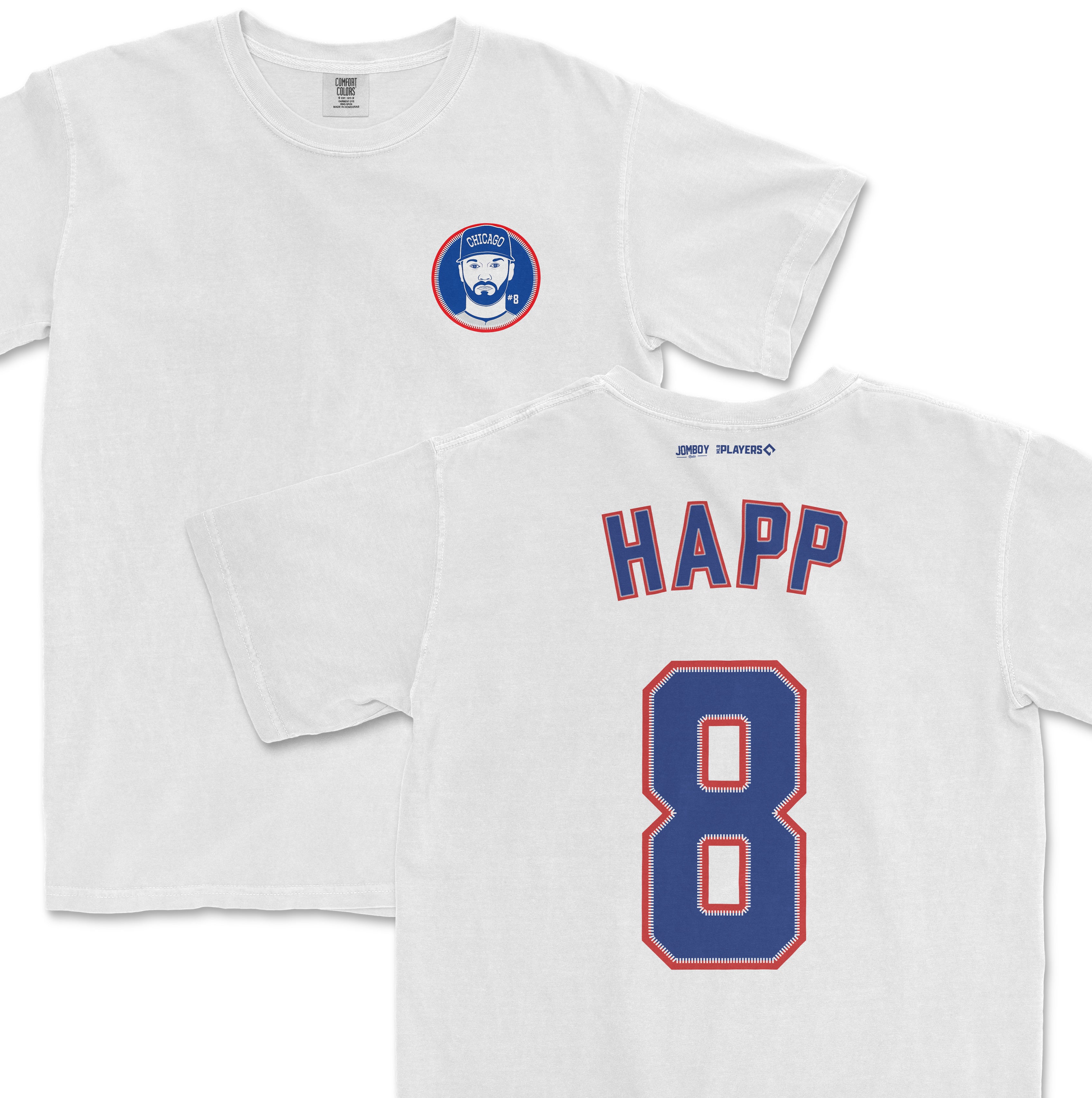 White Comfort Colors tee featuring Ian Happ's name and number 8 on the back, with a Chicago team logo on the front.