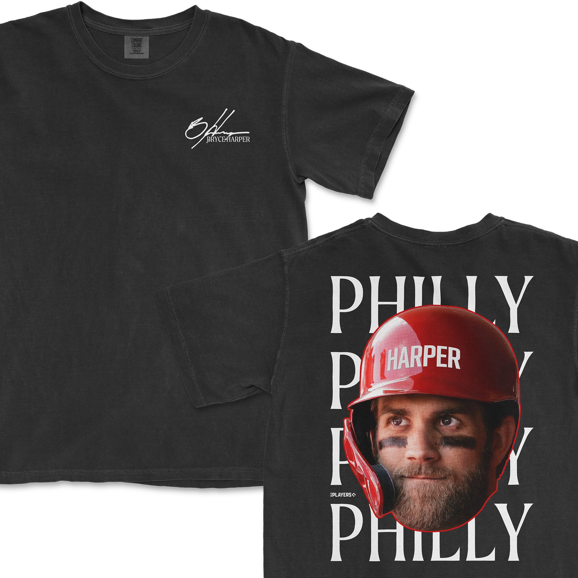Bryce Harper Head in the Game Series alternate t-shirt featuring a large graphic of Harper's face and "Philly" text on the back.