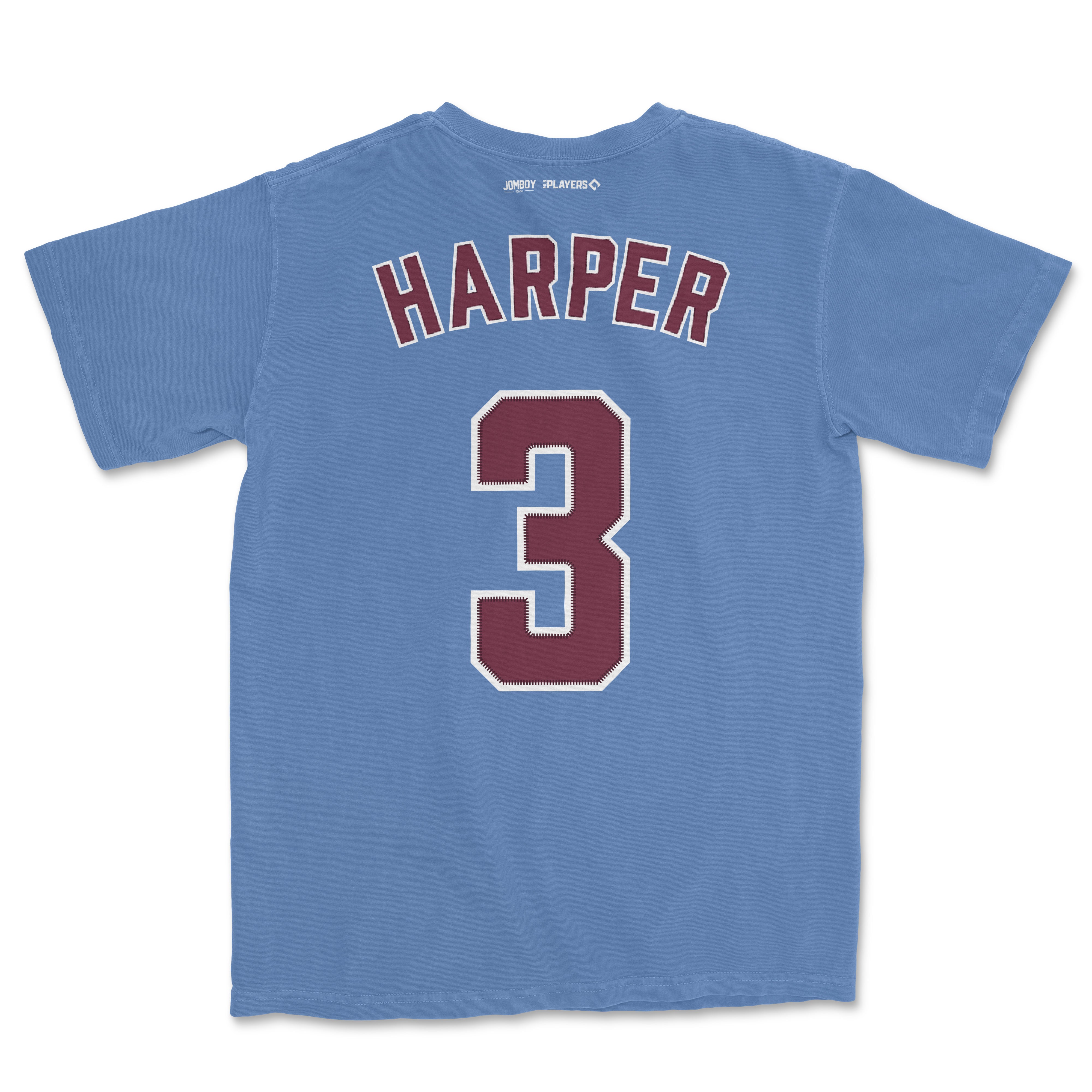 Blue Comfort Colors tee featuring Bryce Harper's name, number 3, and team logo on the back, designed as a shirsey.