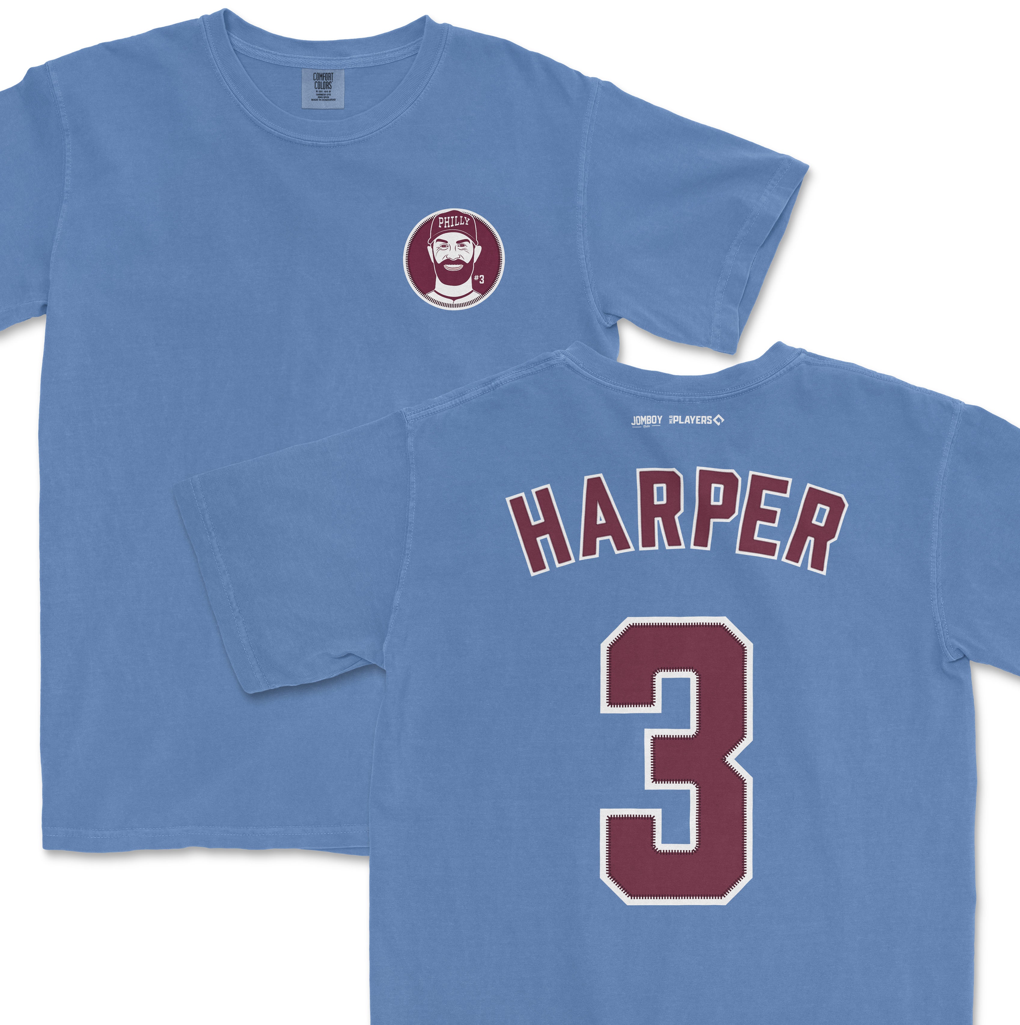 Bryce Harper shirsey and Comfort Colors tee in light blue, featuring Harper's name and number on the back and a Phillies logo on the front.
