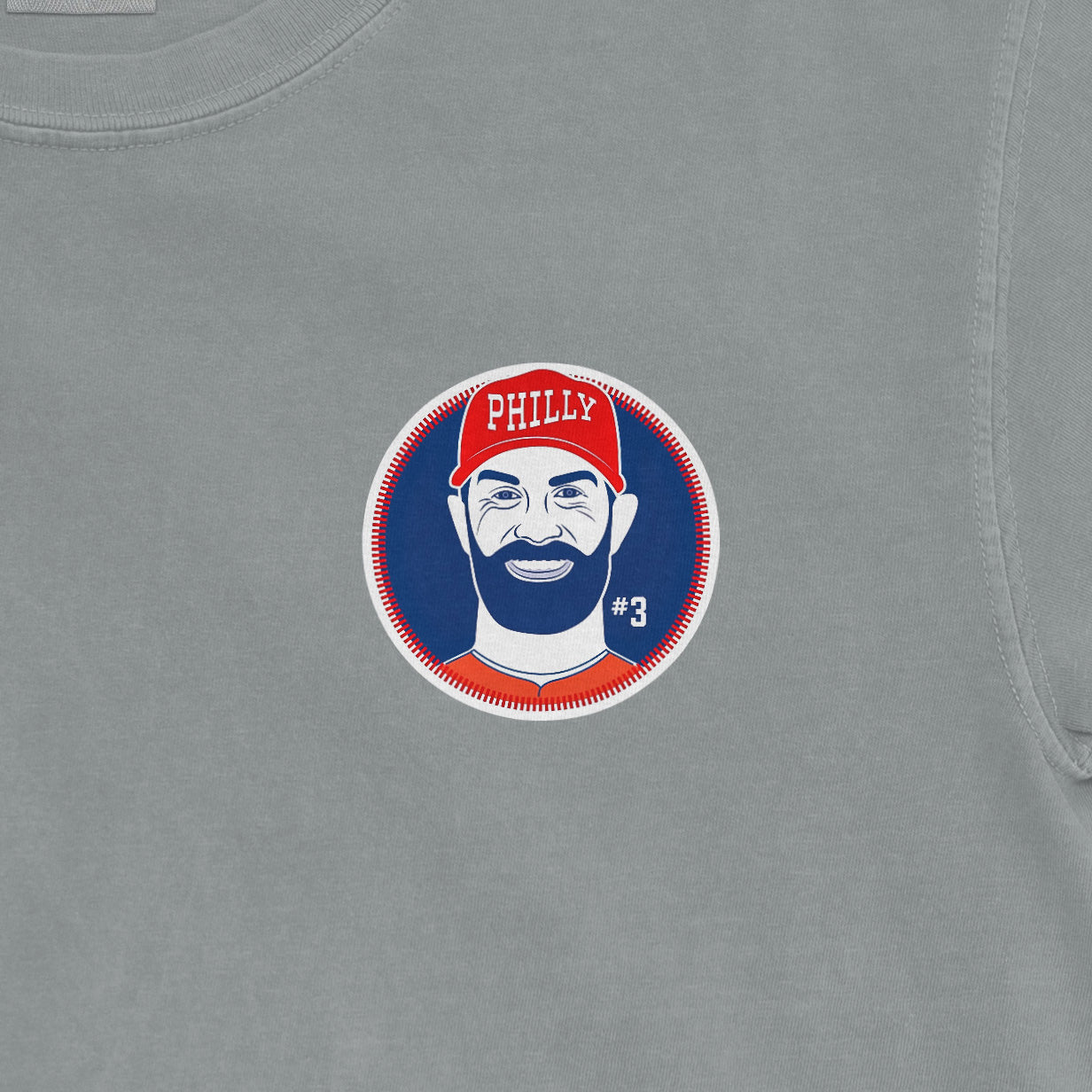 Bryce Harper Phillies shirsey graphic on a Comfort Colors tee, featuring a cartoon portrait with a red cap and "#3" jersey.