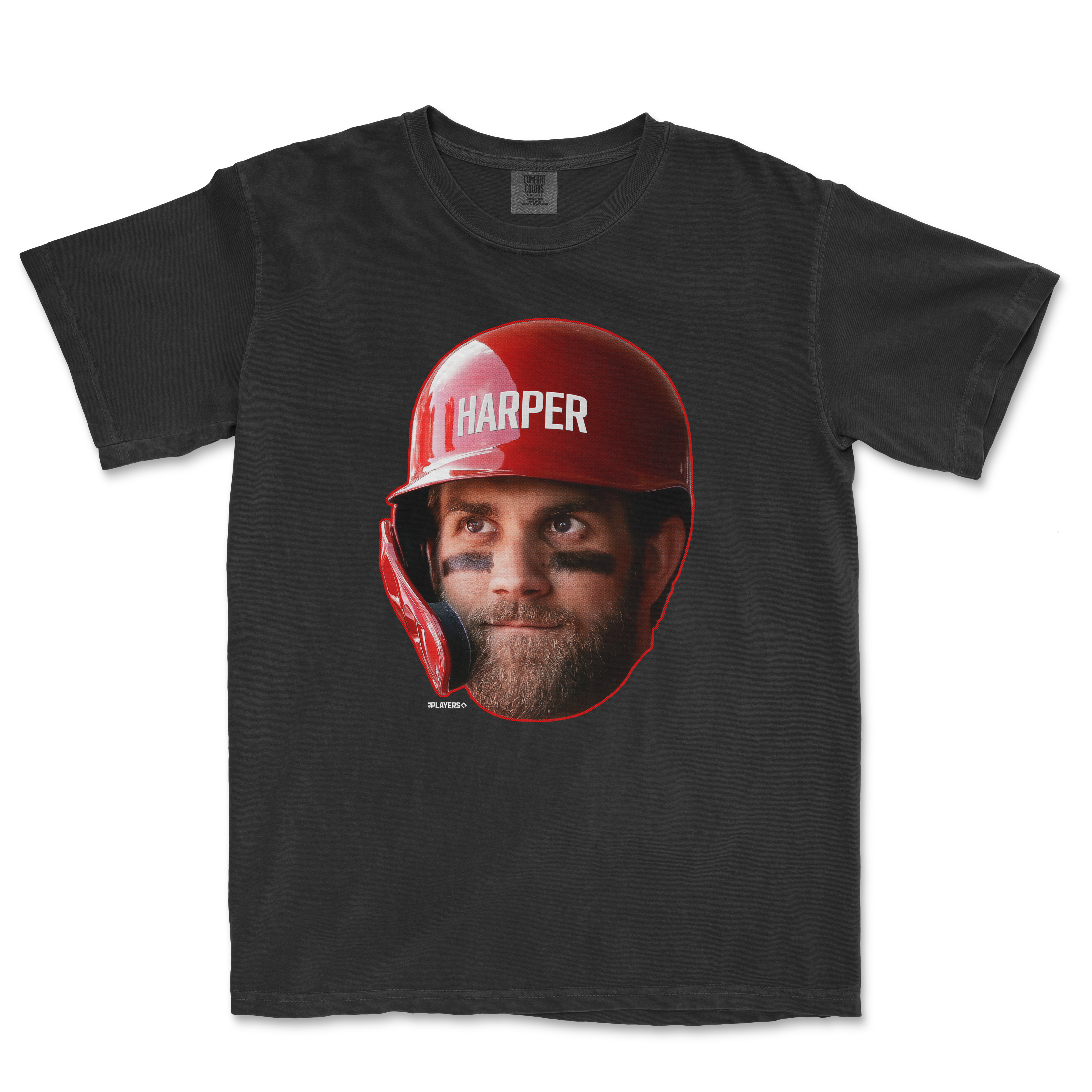 Bryce Harper Head in the Game Series t-shirt featuring a close-up of Harper in a red helmet with face paint.