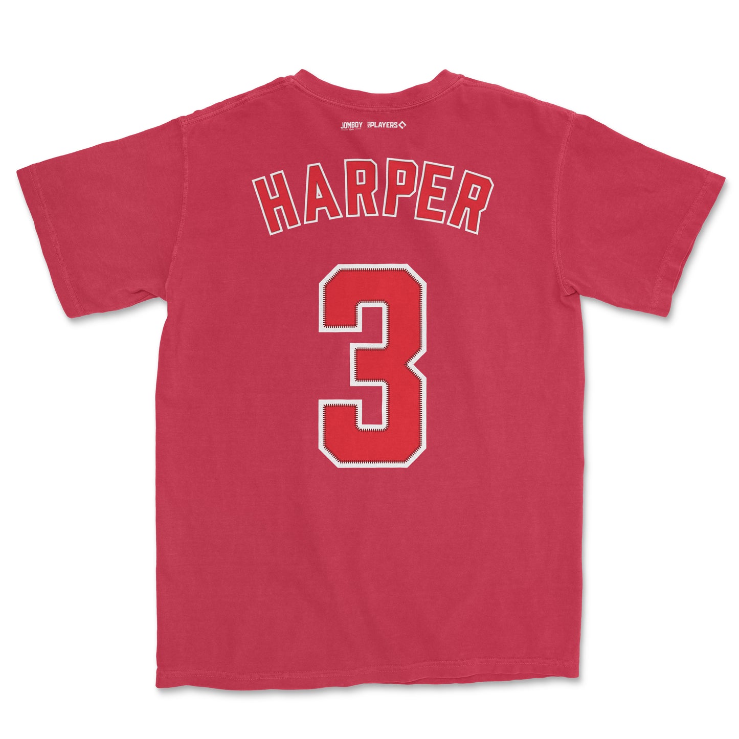 Red Bryce Harper shirsey-style tee with "Harper" and the number 3 printed on the back, made by Comfort Colors.