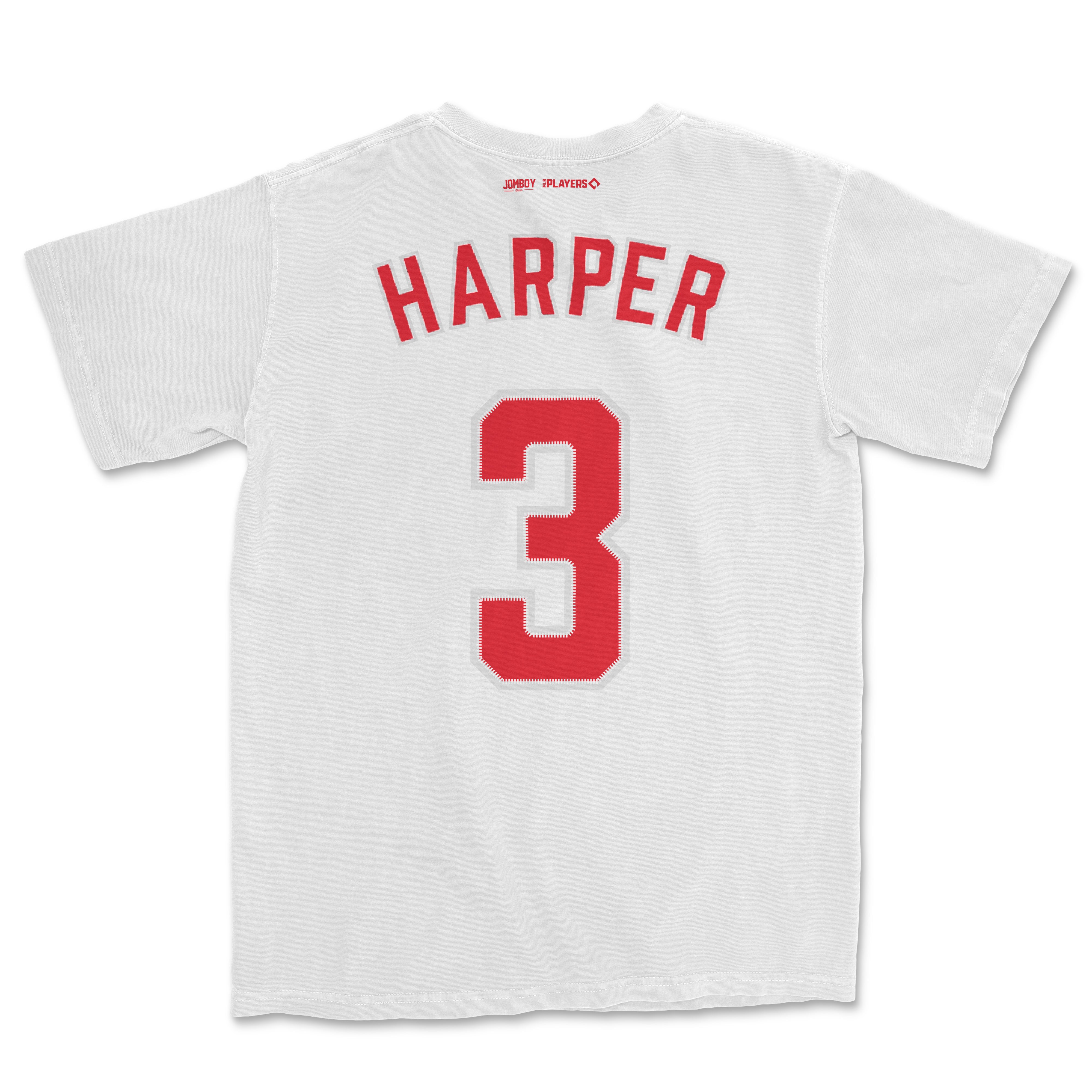 Bryce Harper shirsey and Comfort Colors tee featuring his name and number 3 in red on a white fabric.