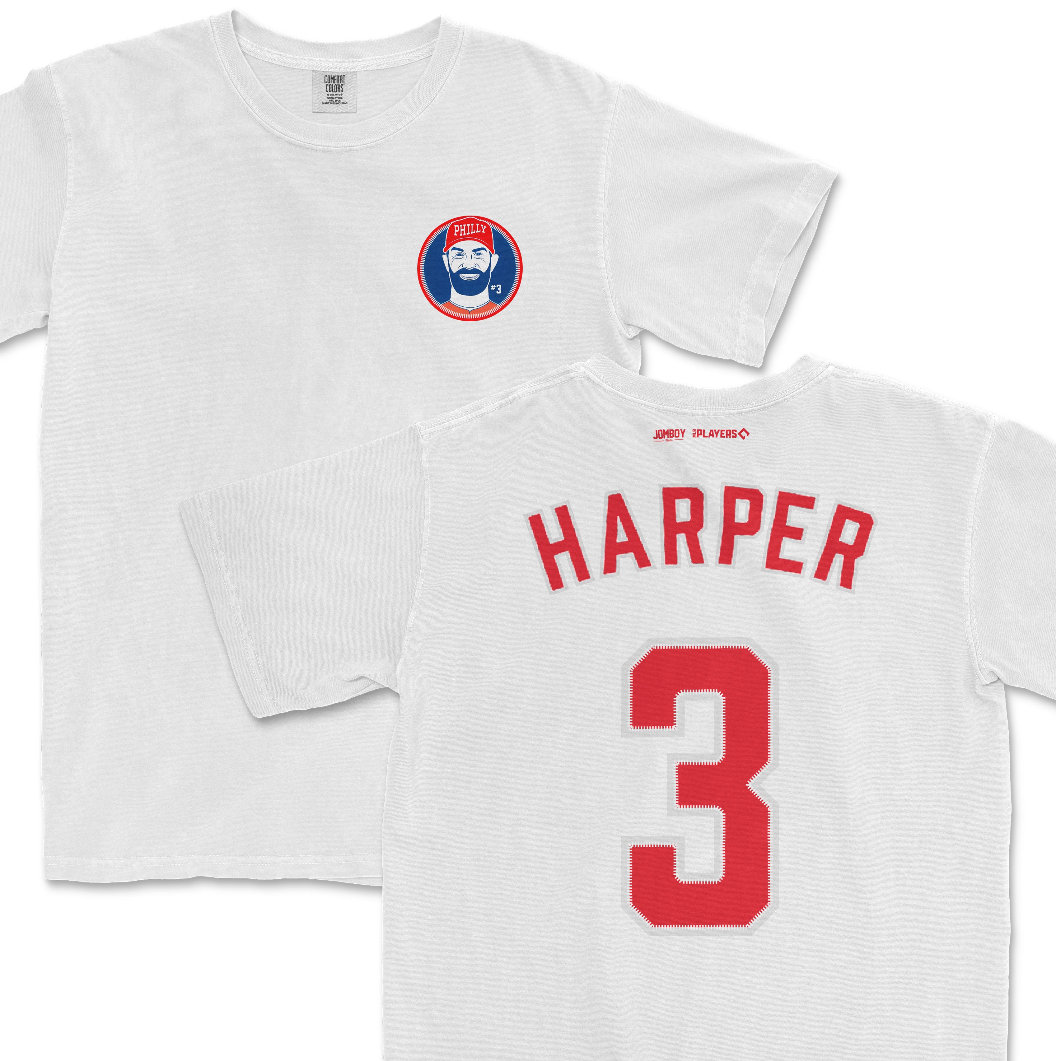 Bryce Harper Phillies shirsey and Comfort Colors tee with Harper's name and number 3 on the back, and a Phillies logo on the front.