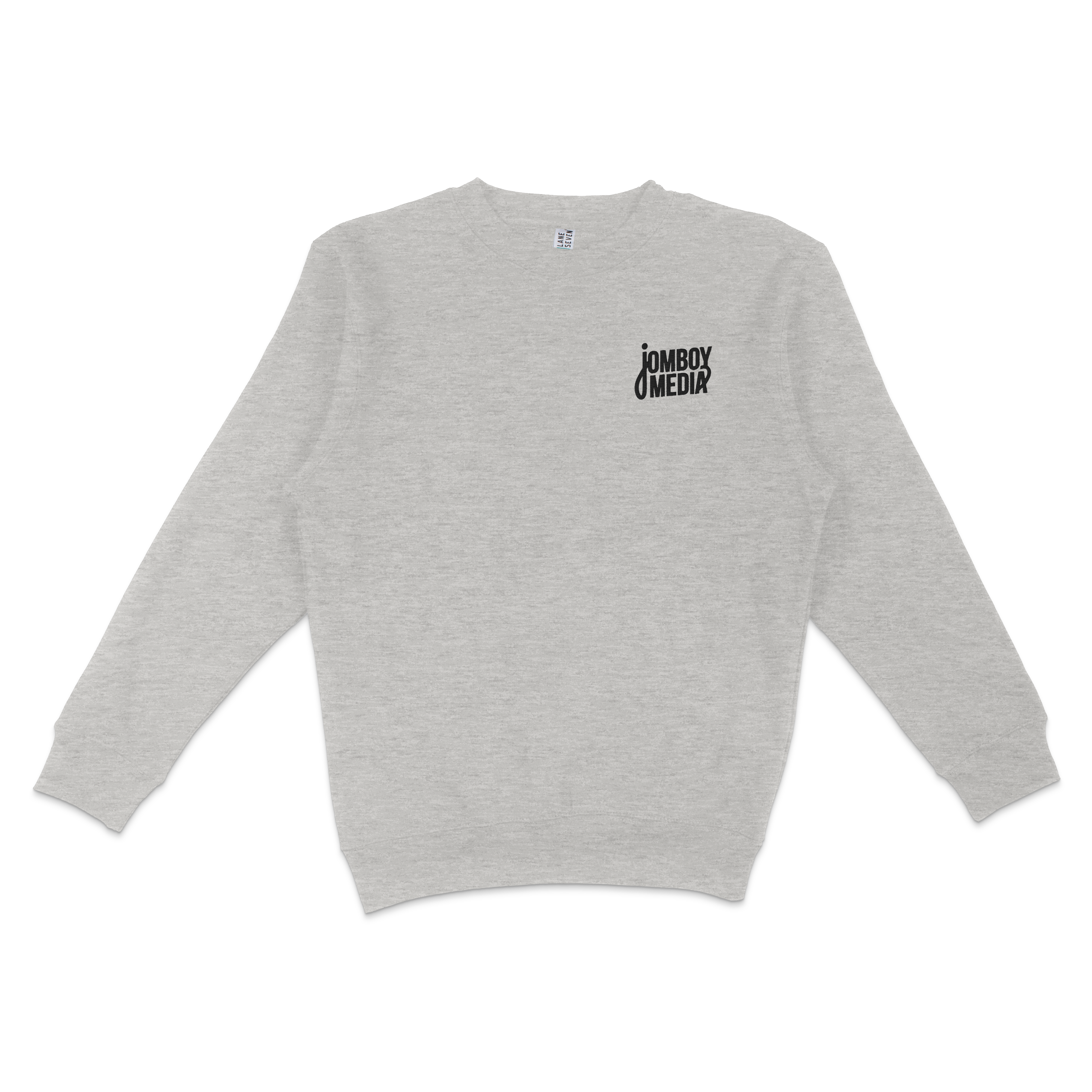 Gray crewneck sweatshirt featuring the Jomboy Media logo embroidered on the front, perfect for sports fans.