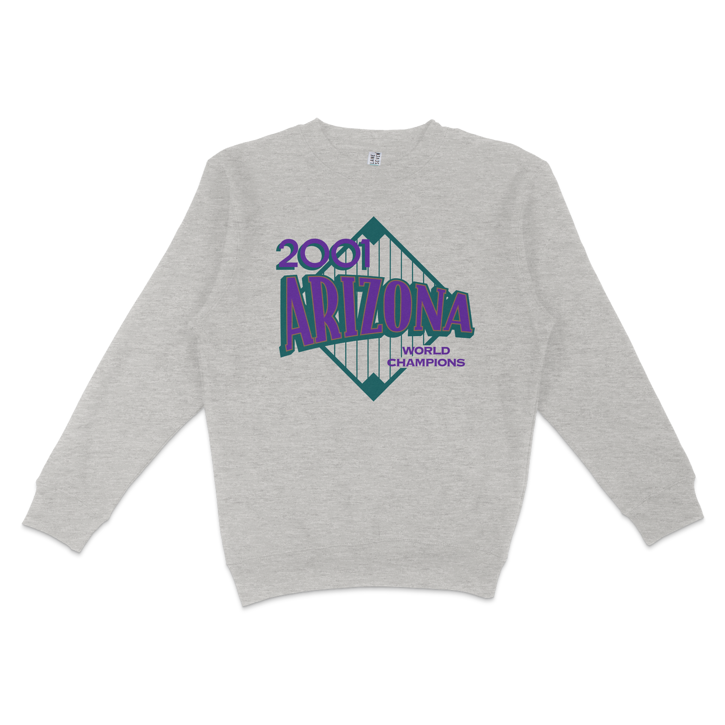 Gray crewneck sweatshirt featuring a colorful graphic celebrating Arizona's 2001 world championship victory, with a bridge illustration.