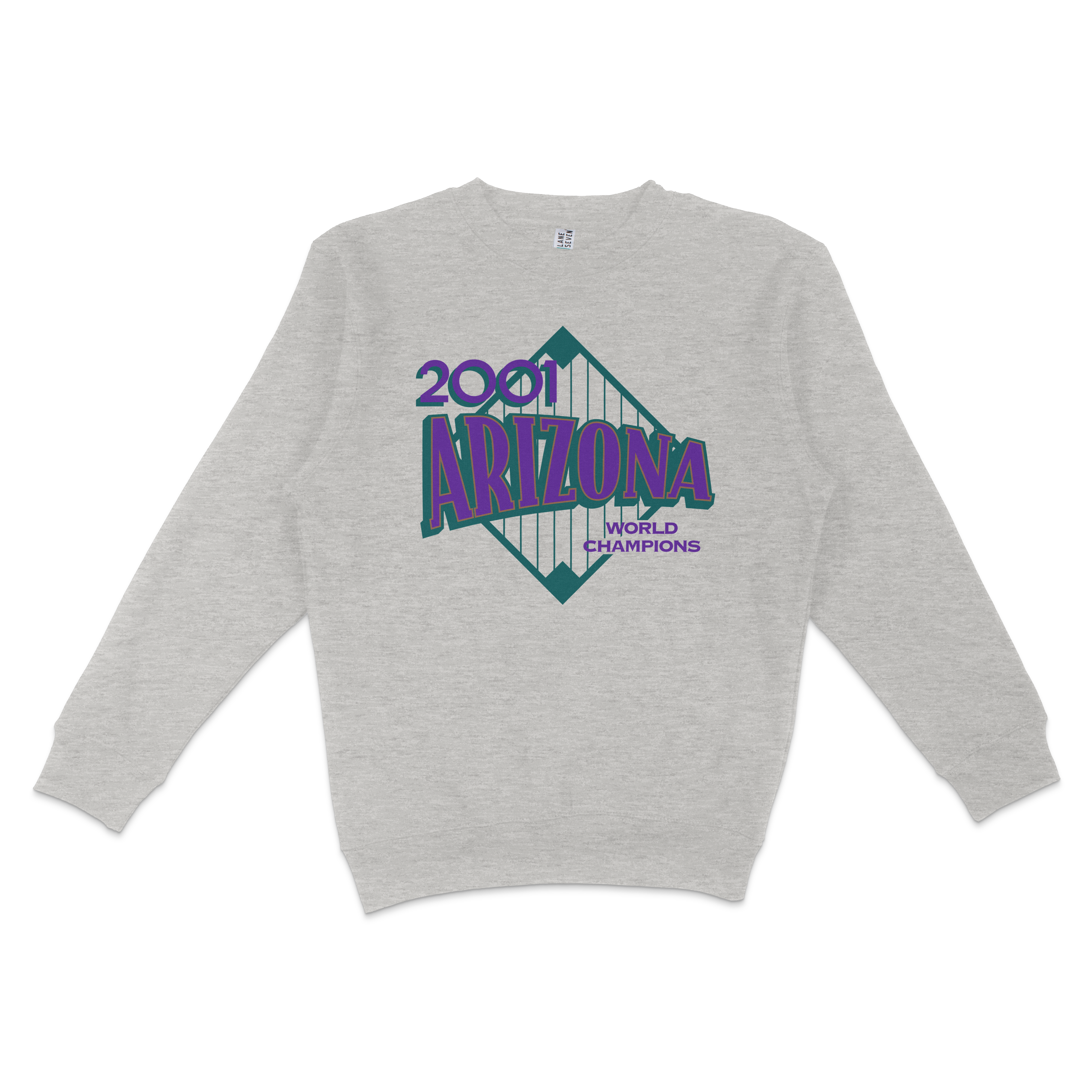 Gray crewneck sweatshirt featuring a colorful graphic celebrating Arizona's 2001 world championship victory, with a bridge illustration.
