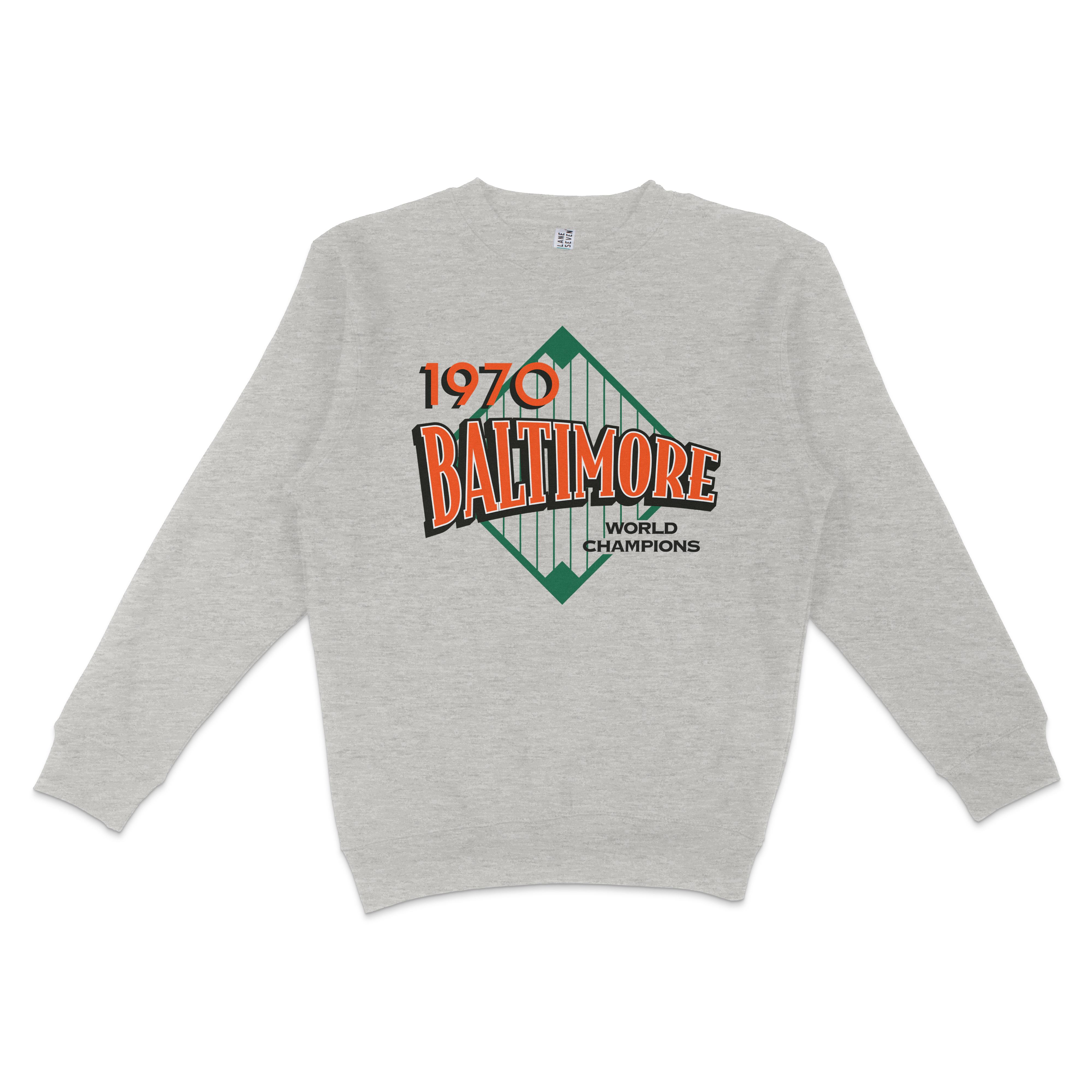 Gray crewneck sweatshirt featuring a Baltimore 1970 World Champions graphic with a green diamond shape and bold red and black text.