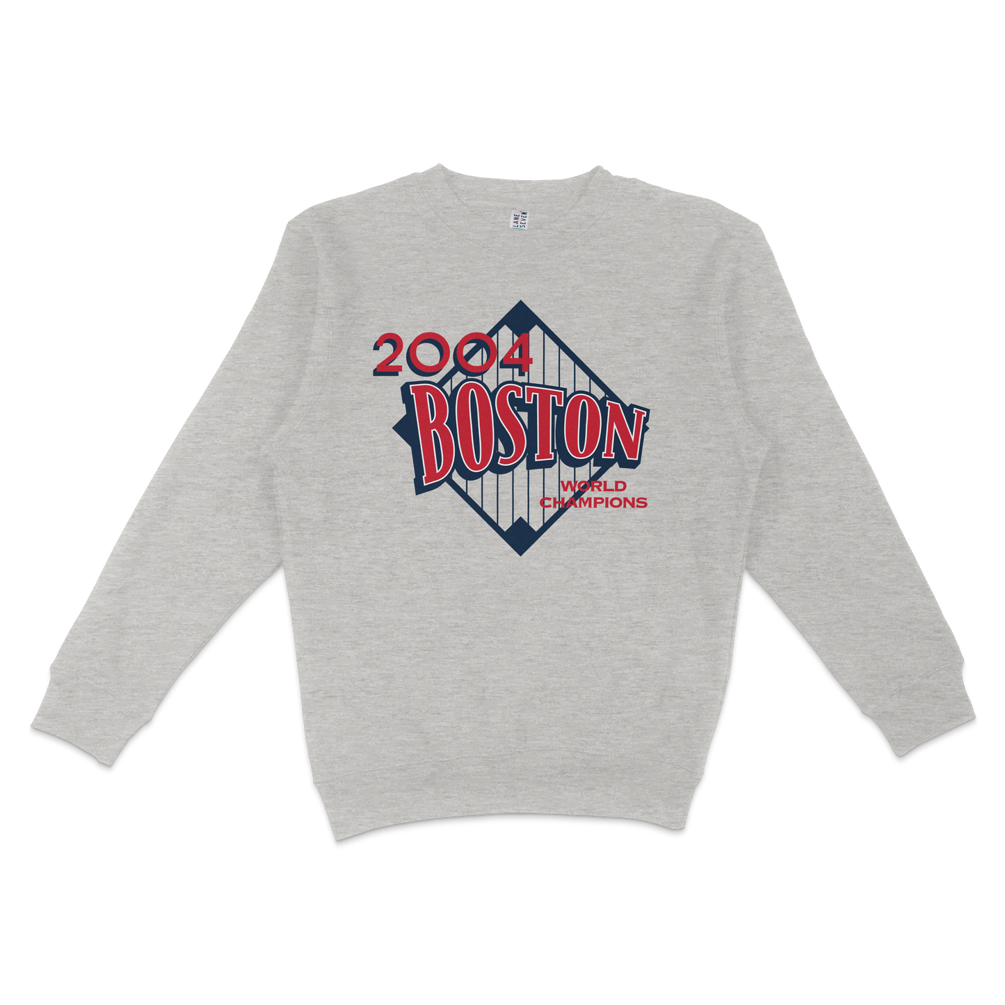 Gray crewneck sweatshirt featuring a Boston 2004 World Champions logo with a bridge graphic and red, white, and blue text.