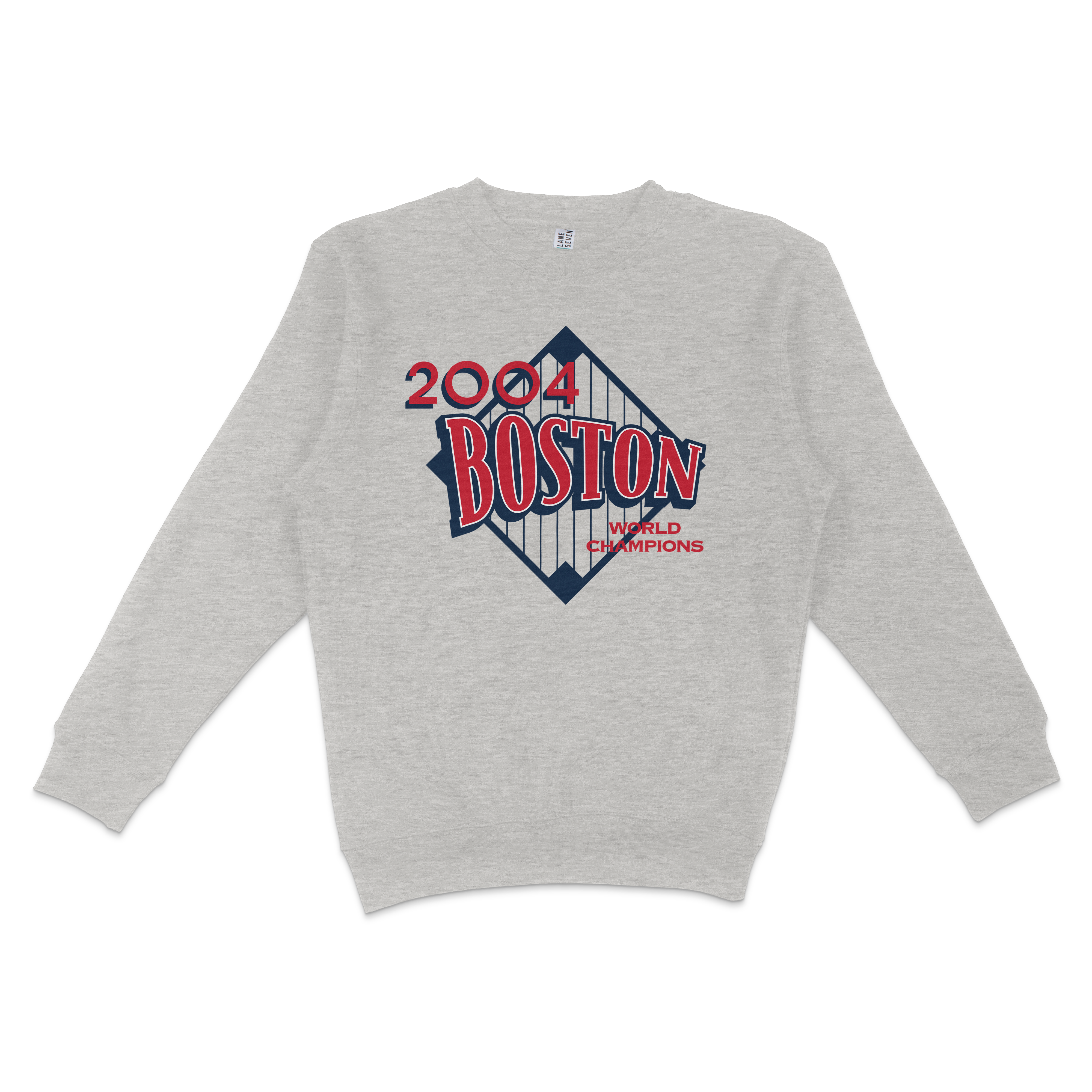 Gray crewneck sweatshirt featuring a Boston 2004 World Champions logo with a bridge graphic and red, white, and blue text.