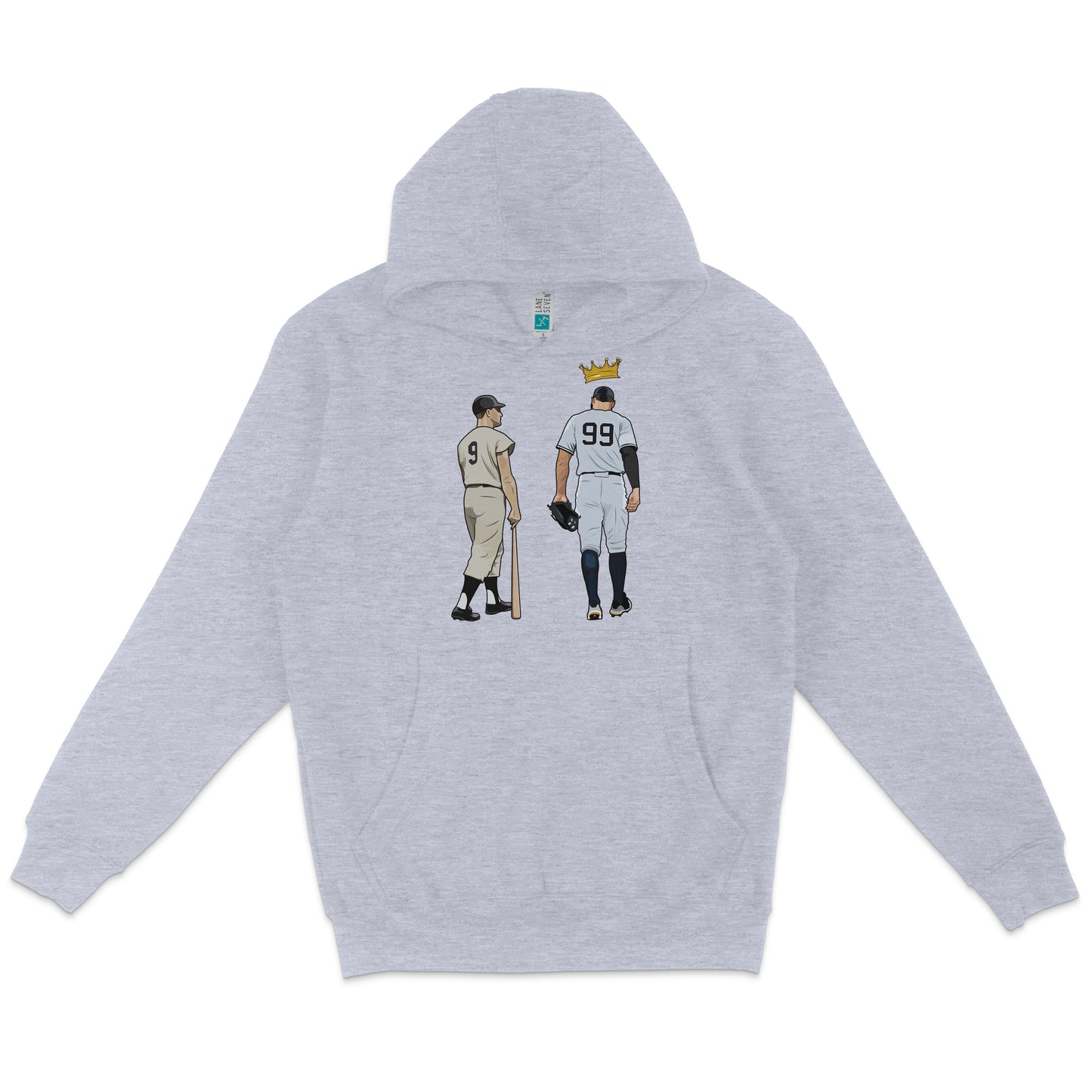 Light gray pullover fleece hoodie featuring a graphic of two baseball players, one with a crown, both wearing jerseys with "99".