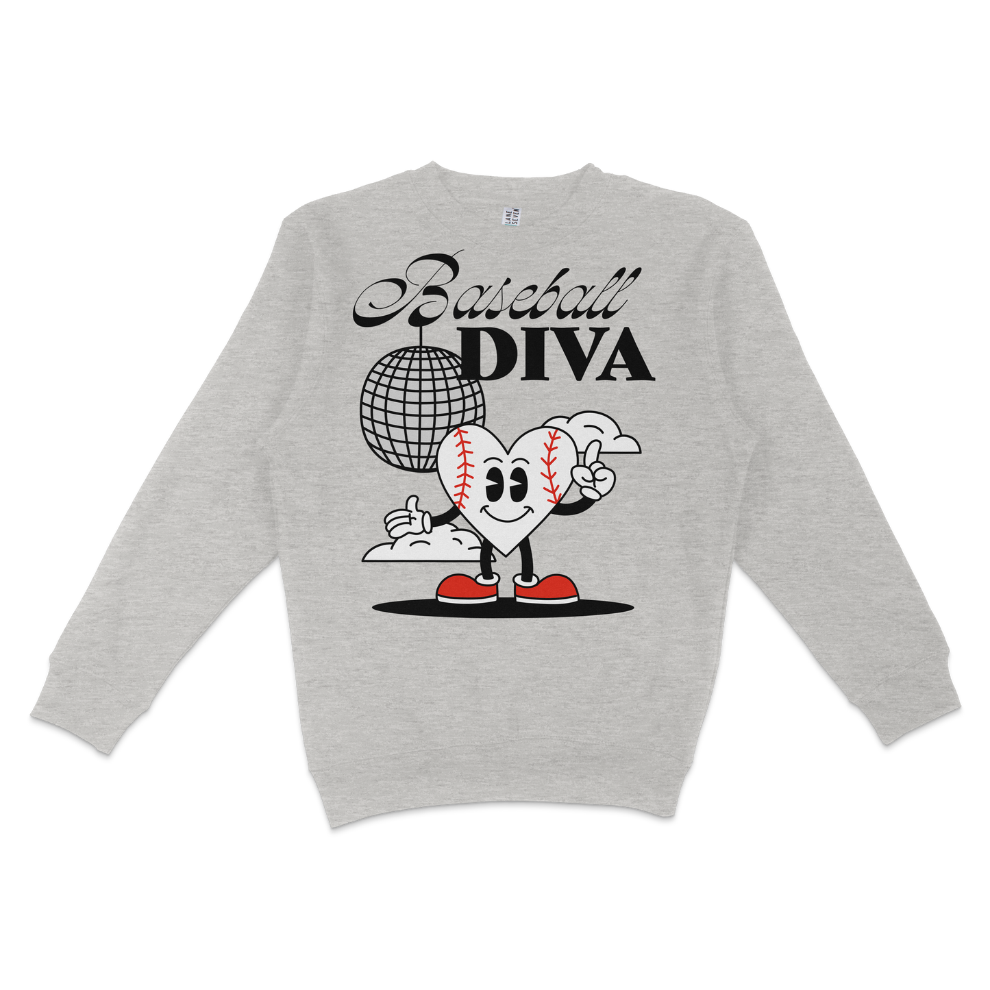 Gray crewneck sweatshirt featuring a cartoon heart with baseball stitches, wearing red shoes, with "Baseball Diva" text above.