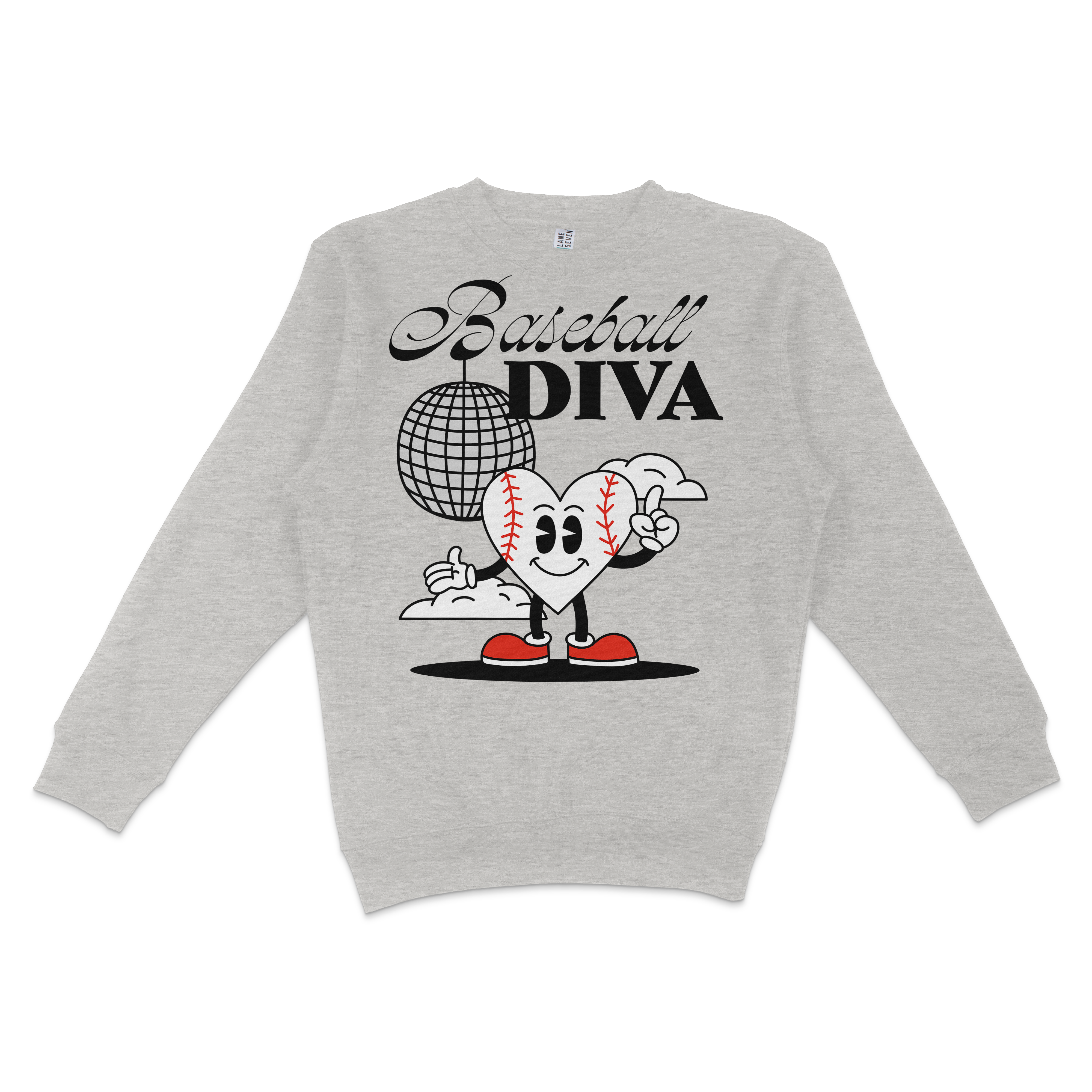 Gray crewneck sweatshirt featuring a cartoon heart with baseball stitches, wearing red shoes, with "Baseball Diva" text above.