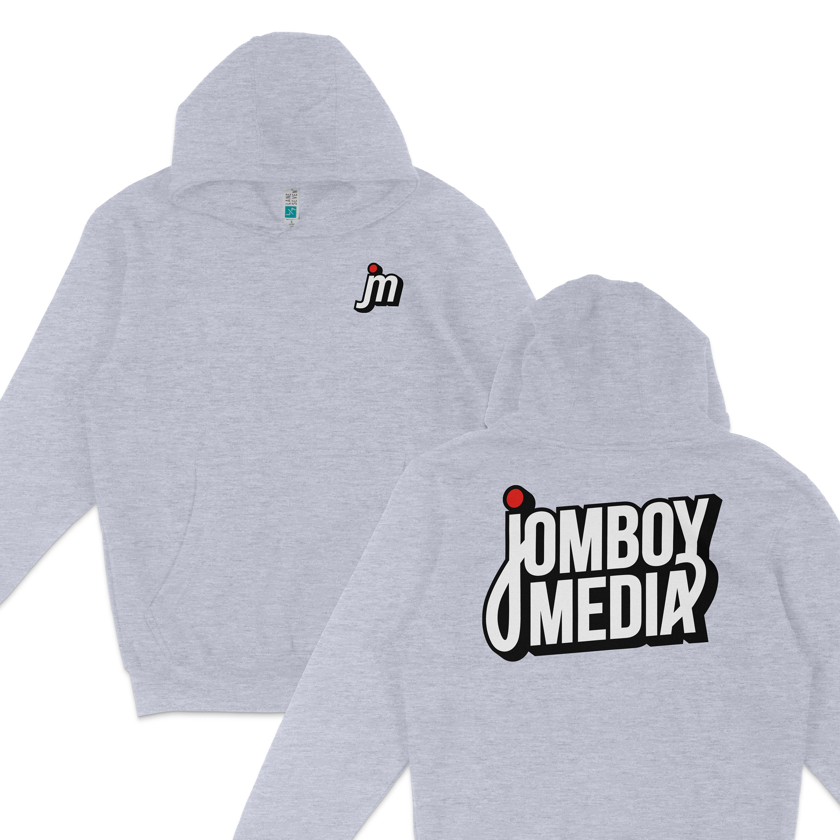 Gray JM Essentials '25 Hoodie featuring a small logo on the front and bold Jomboy Media branding on the back.