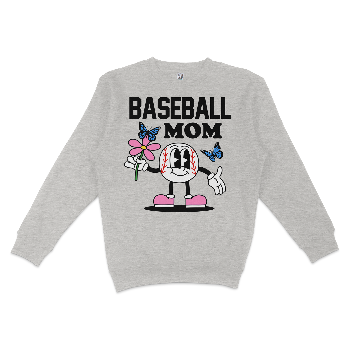 Gray crewneck sweatshirt featuring a cartoon baseball character holding a pink flower, with "Baseball Mom" text and butterfly accents.