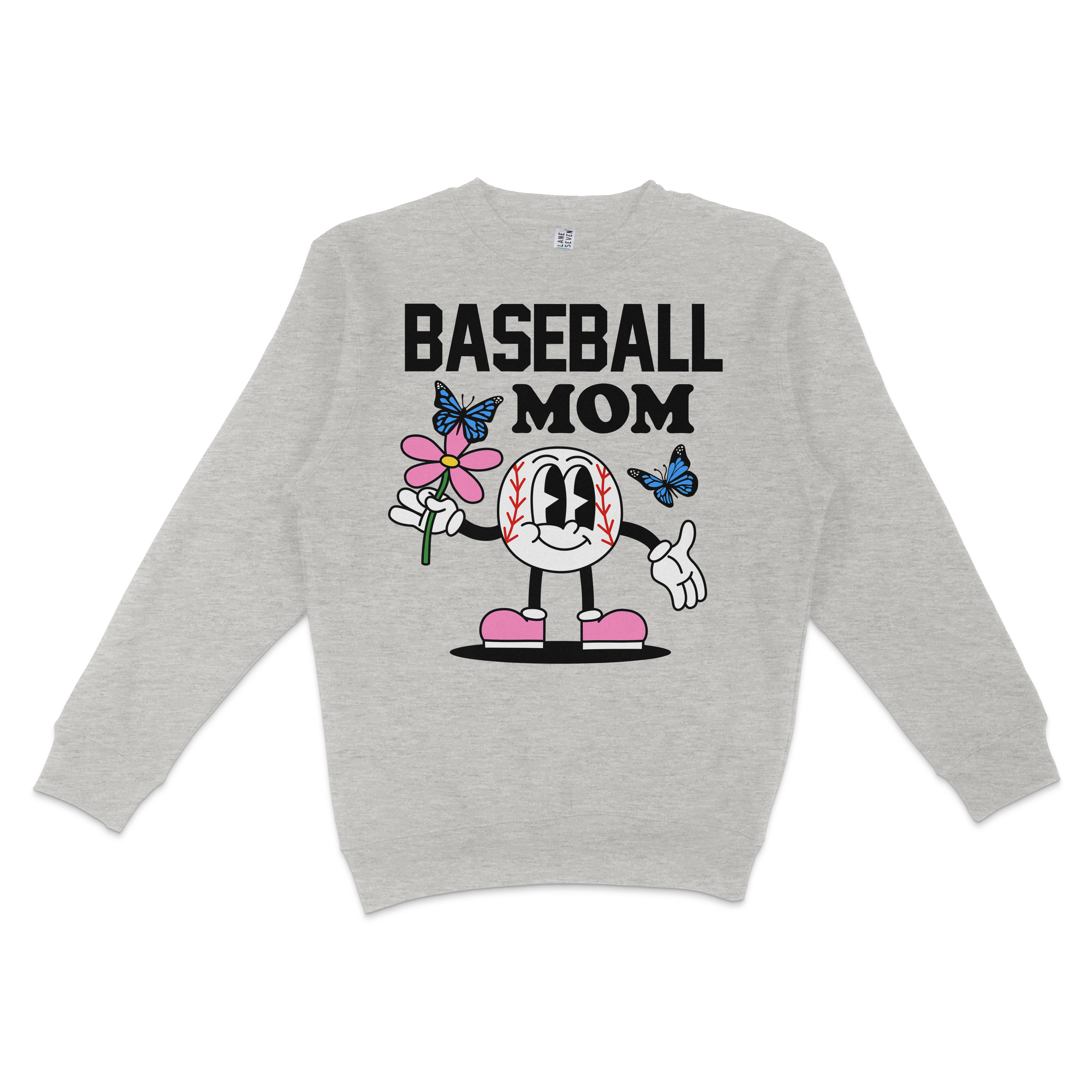 Gray crewneck sweatshirt featuring a cartoon baseball character holding a pink flower, with "Baseball Mom" text and butterfly accents.
