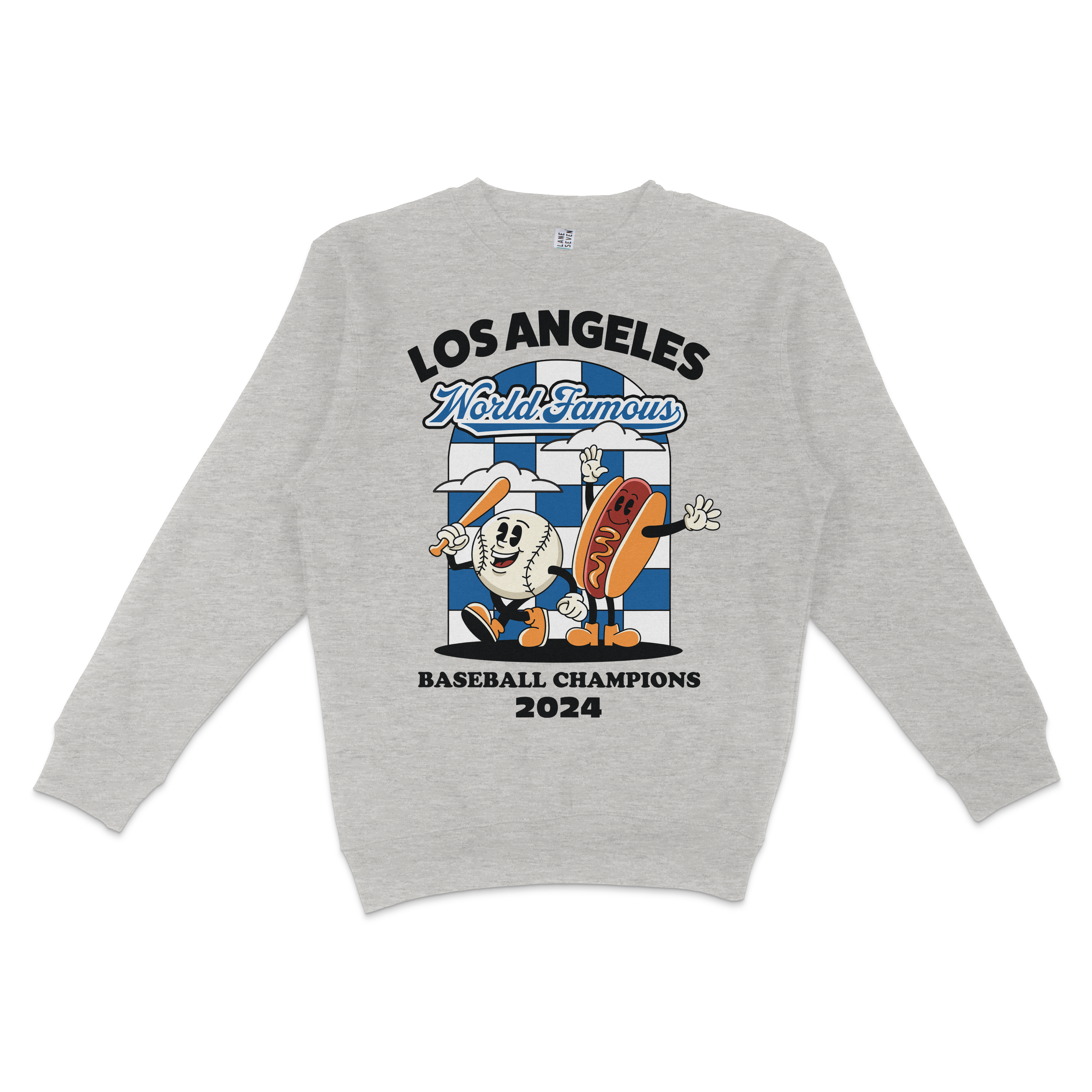 Gray crewneck sweatshirt featuring cartoon baseball and hot dog characters celebrating 2024 Los Angeles World Famous Baseball Champions.