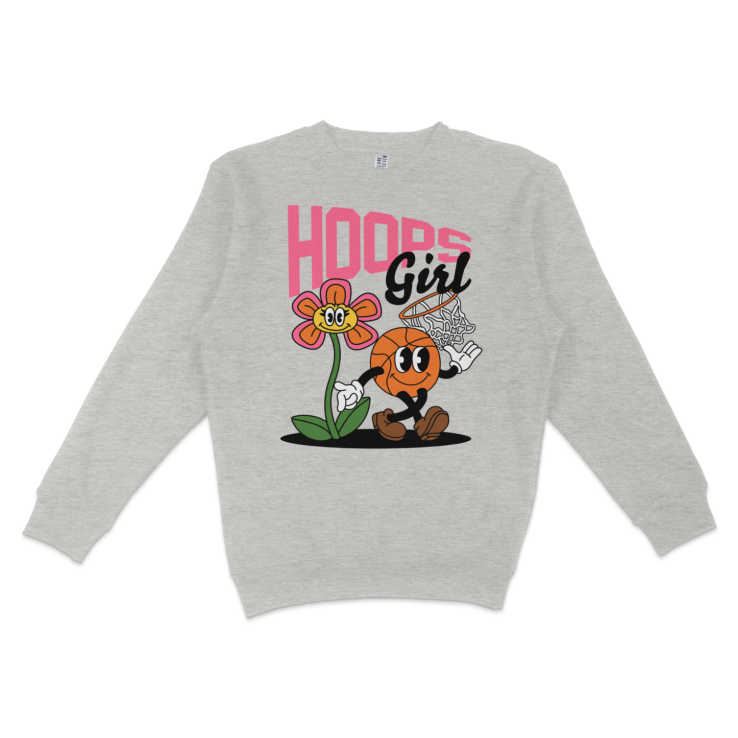 Gray crewneck sweatshirt featuring a colorful cartoon basketball character, flower, and the text "Hoops Girl" design.