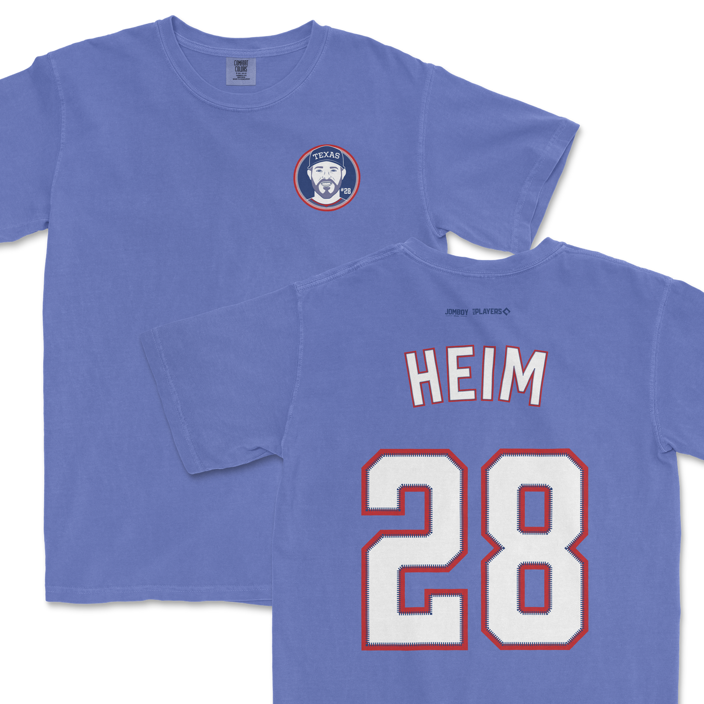 Blue Comfort Colors tee featuring a Jonah Heim design with "HEIM" and the number 28 on the back, and a Texas-themed graphic on the front.