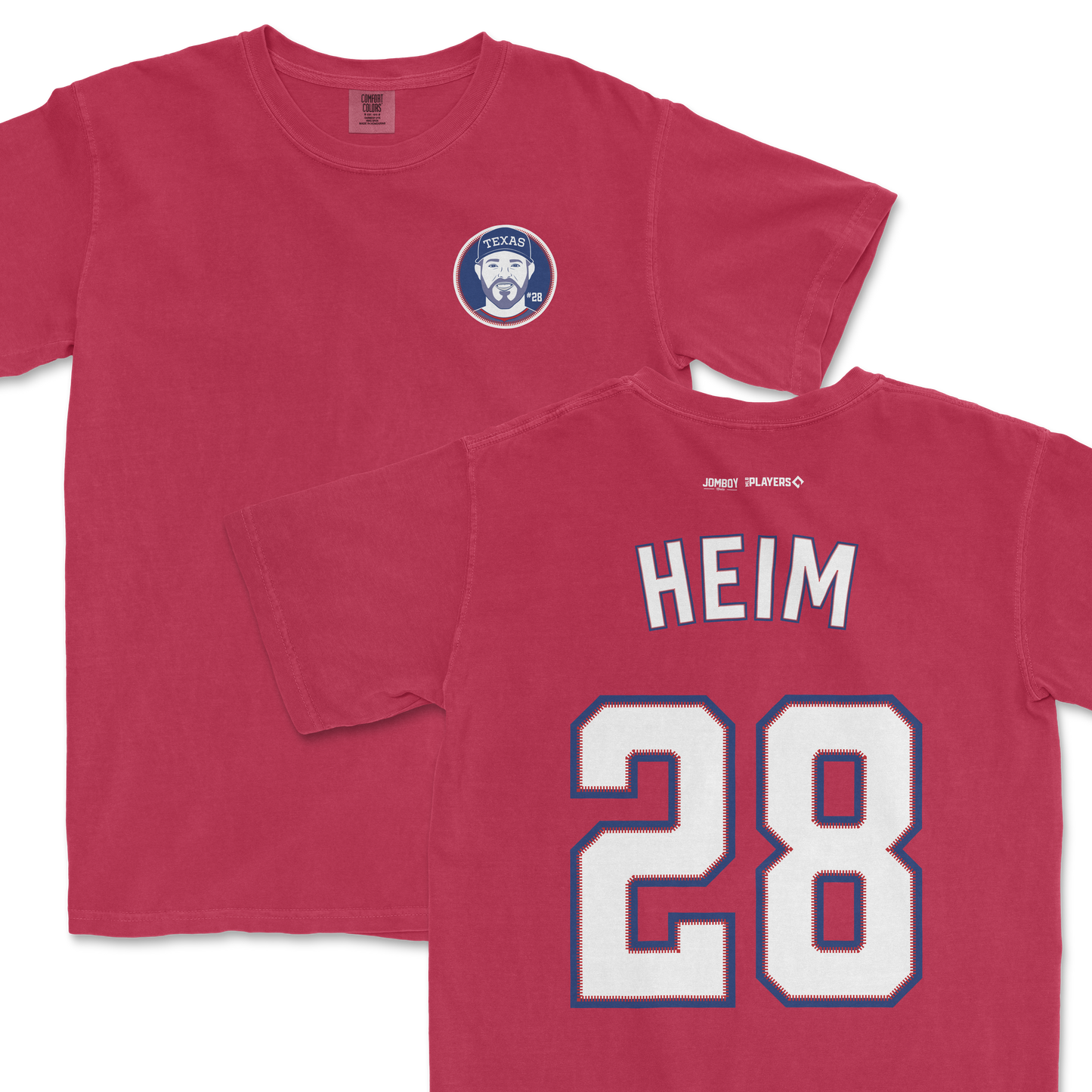 Pink Comfort Colors tee featuring a front Texas-themed patch and back with "Heim 28" sports jersey-style print.