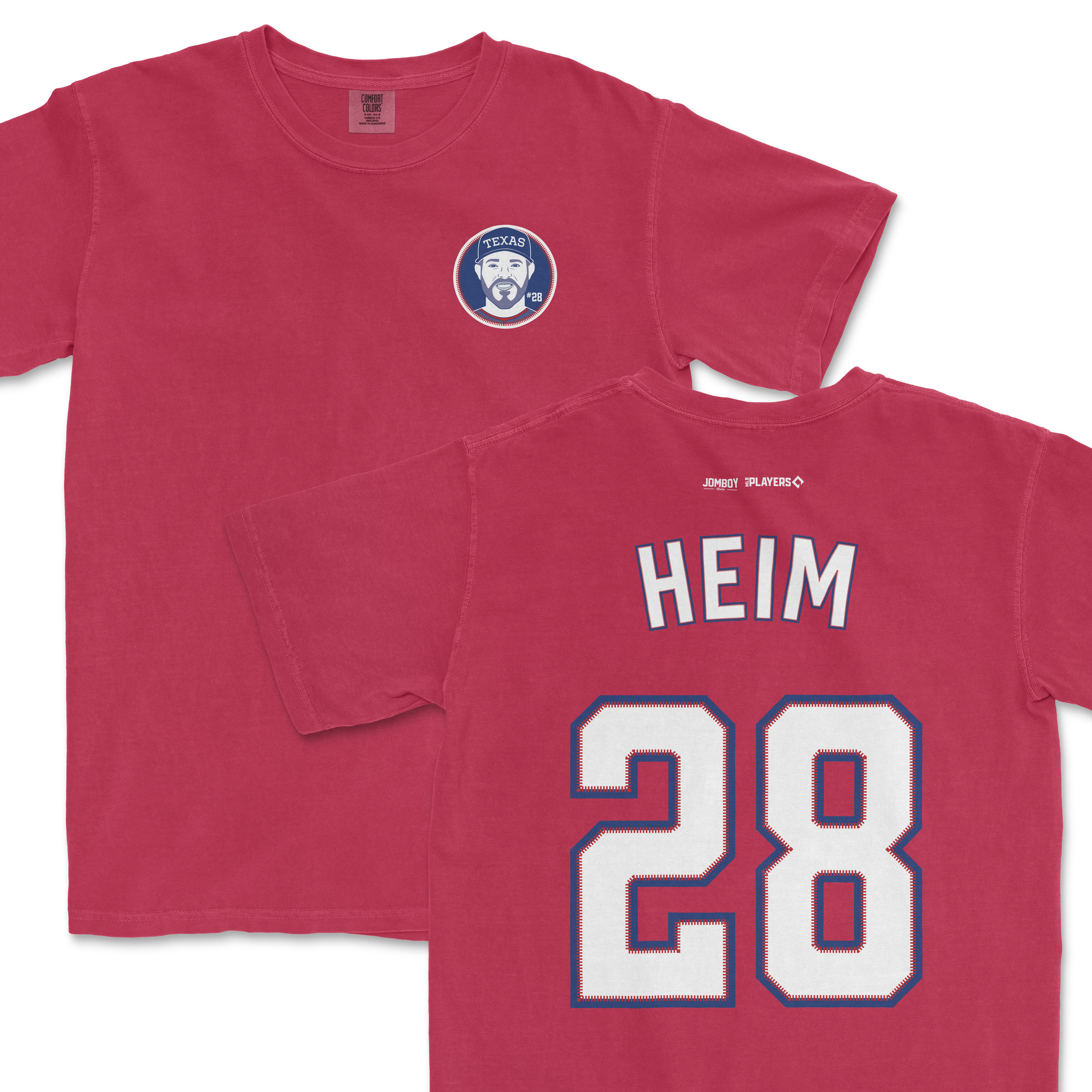Pink Comfort Colors tee featuring a front Texas-themed patch and back with "Heim 28" sports jersey-style print.