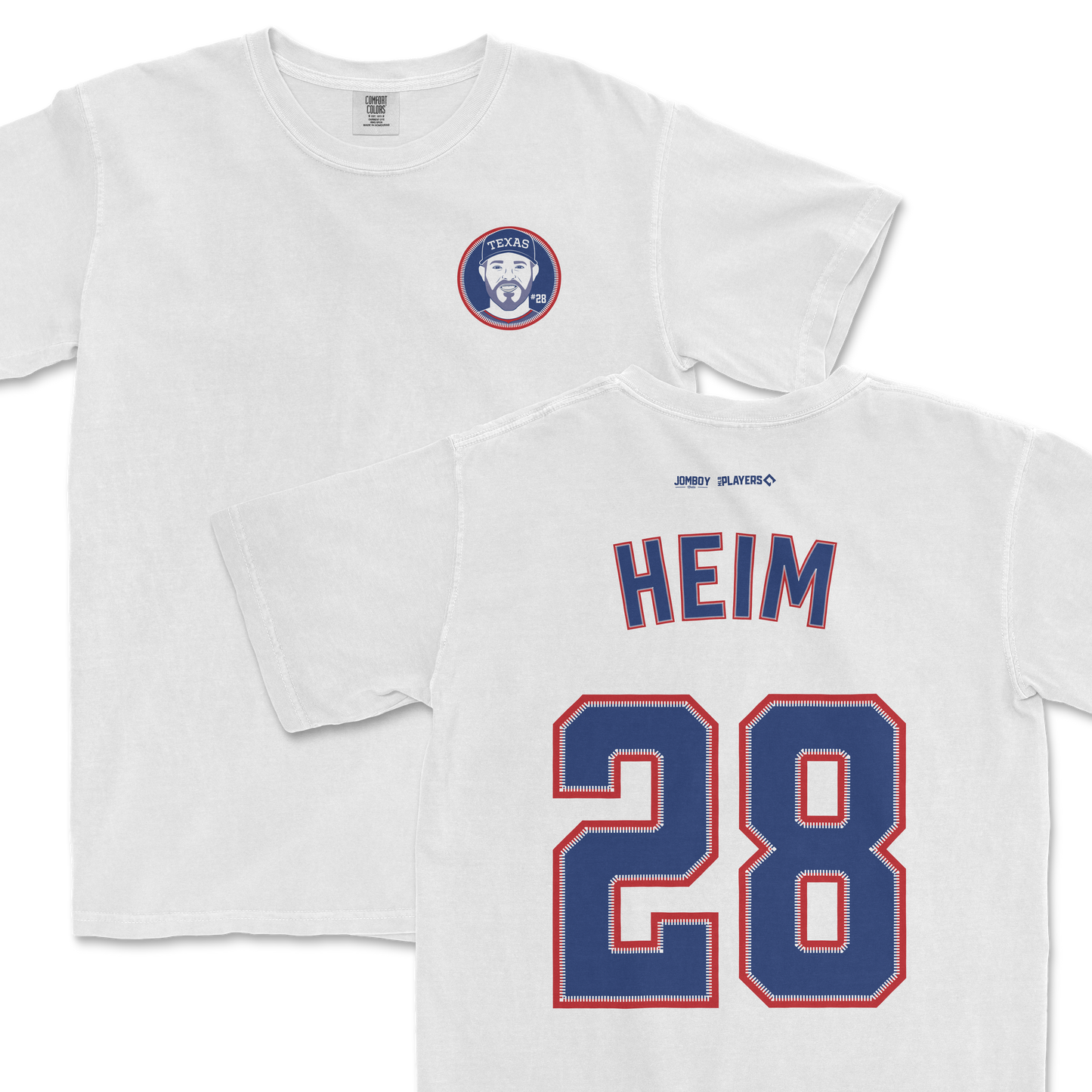 White Comfort Colors tee featuring a front logo of Jonah Heim with a Texas emblem, and a back with "HEIM 28" in bold blue and red lettering.