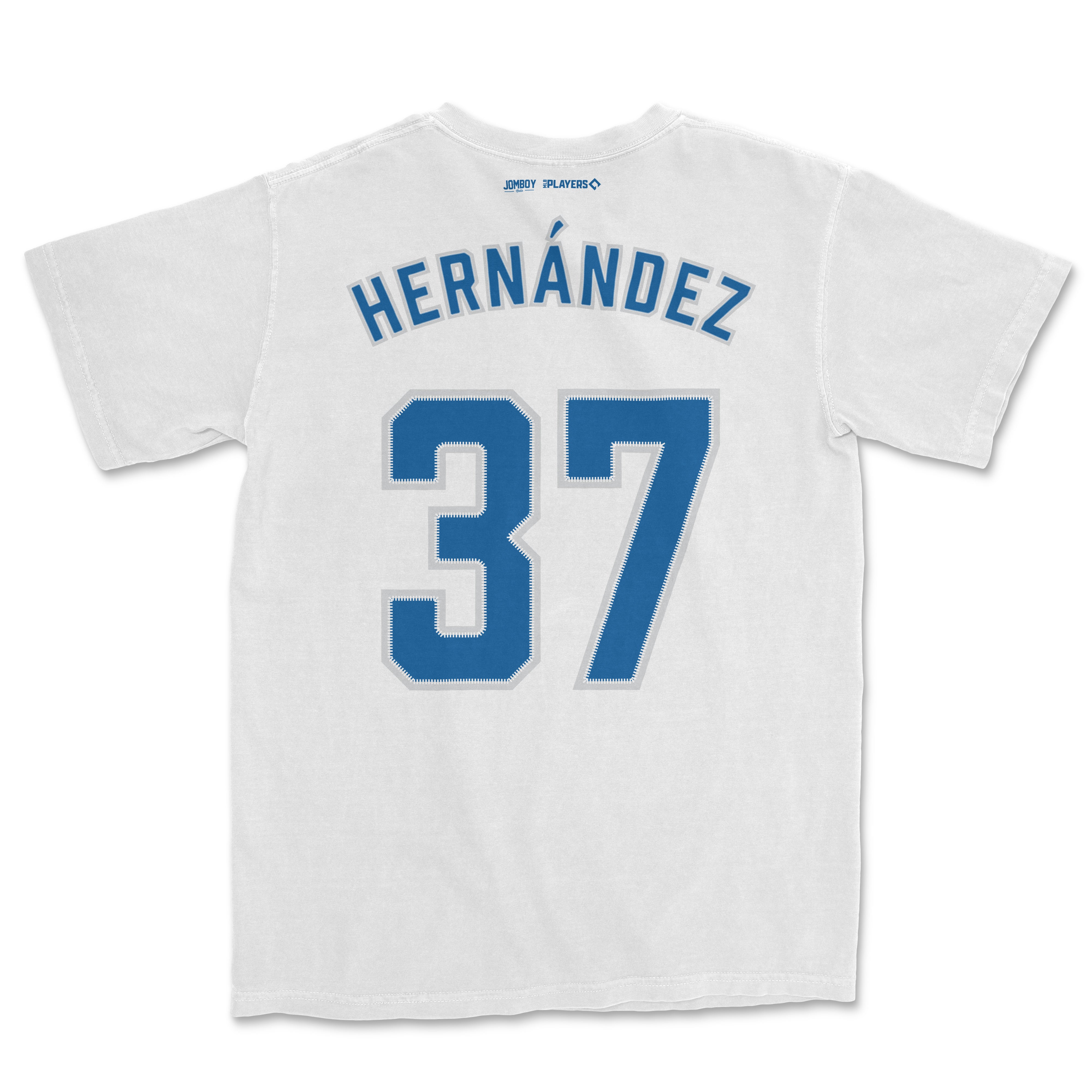 White Teoscar Hernandez baseball jersey with blue name "HERNÁNDEZ" and number "37" on the back.