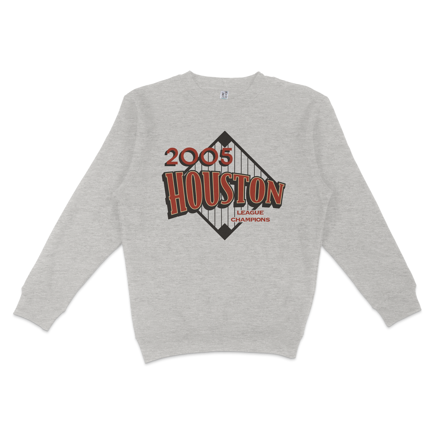 Gray crewneck sweatshirt featuring a vintage-style graphic of the Houston skyline, "2005" and "League Champions" text.