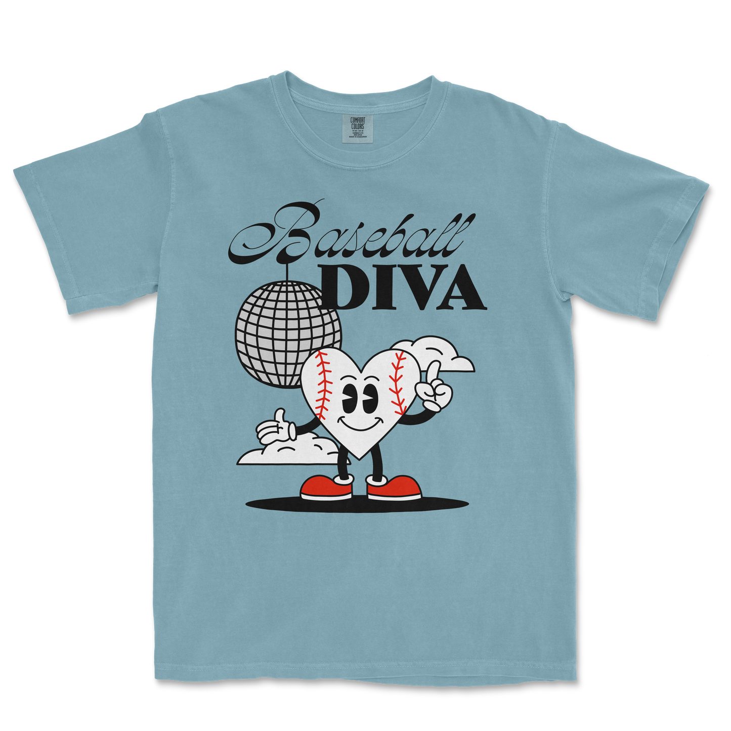 Light blue Comfort Colors tee featuring a cartoon heart with baseball stitches, sneakers, and a disco ball, with "Baseball Diva" text.
