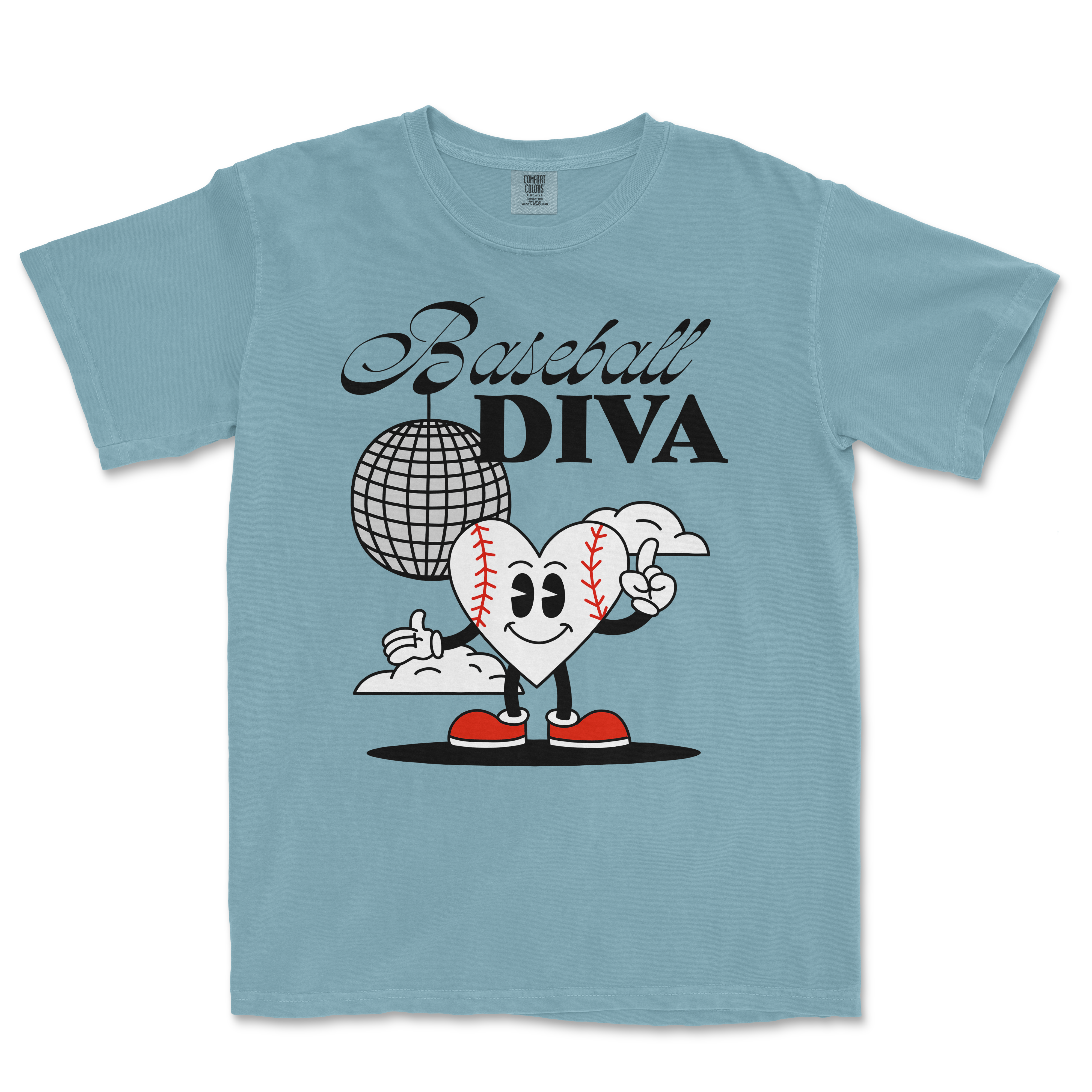 Light blue Comfort Colors tee featuring a cartoon heart with baseball stitches, sneakers, and a disco ball, with "Baseball Diva" text.