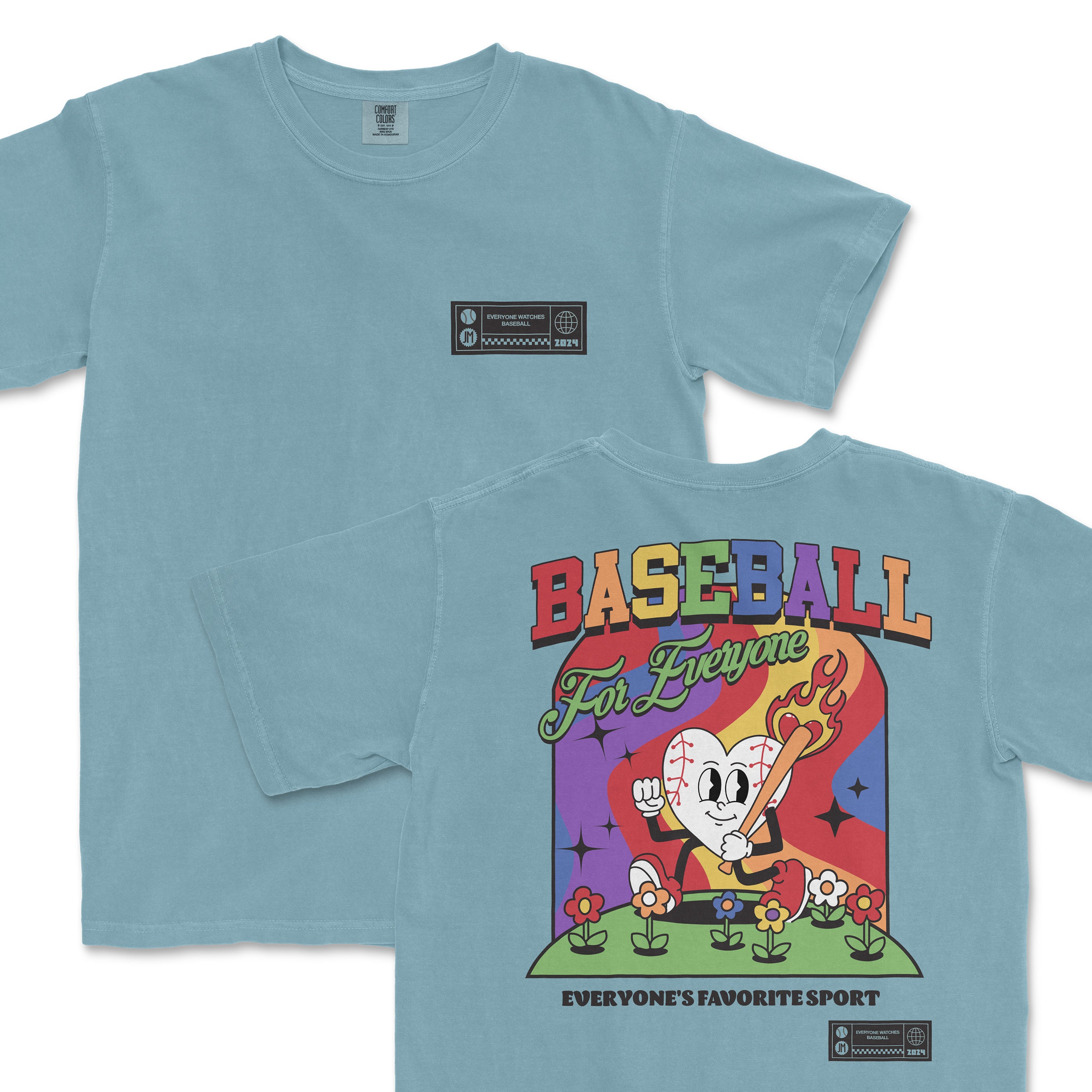 Light blue t-shirt featuring a colorful graphic of a cartoon character with flames, promoting baseball as everyone's favorite sport.