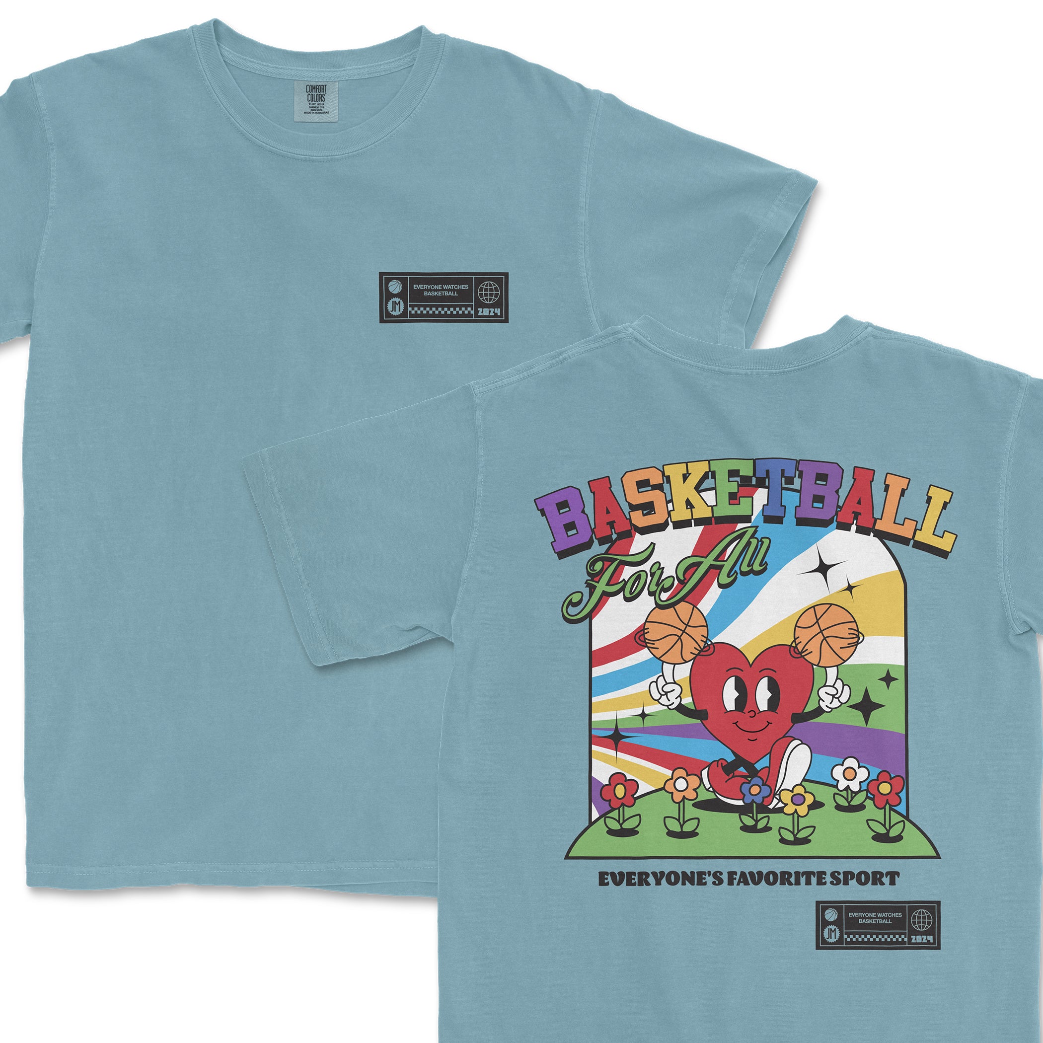 Light blue Comfort Colors T-shirt featuring colorful "Basketball for All" graphic with a heart character holding basketballs, rainbow, flowers, and text.