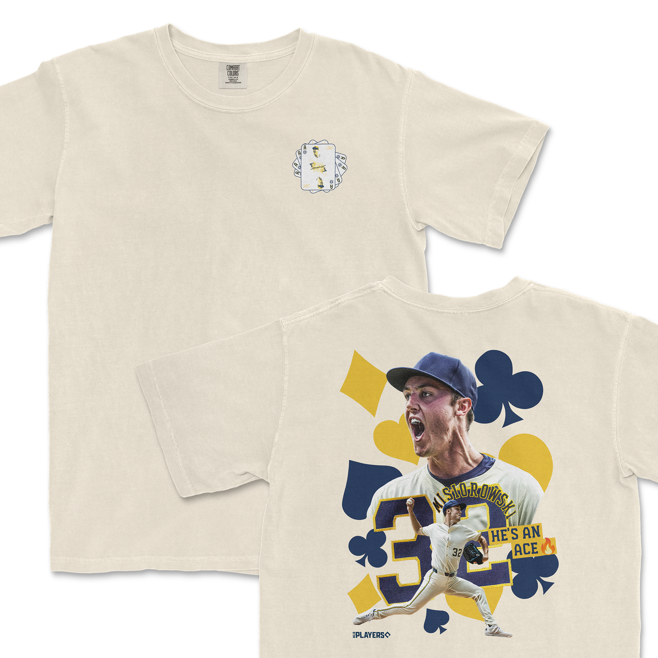 Cream t-shirt featuring Jacob Misiorowski graphic with "He's An Ace" text and playful design elements. Perfect for fans.