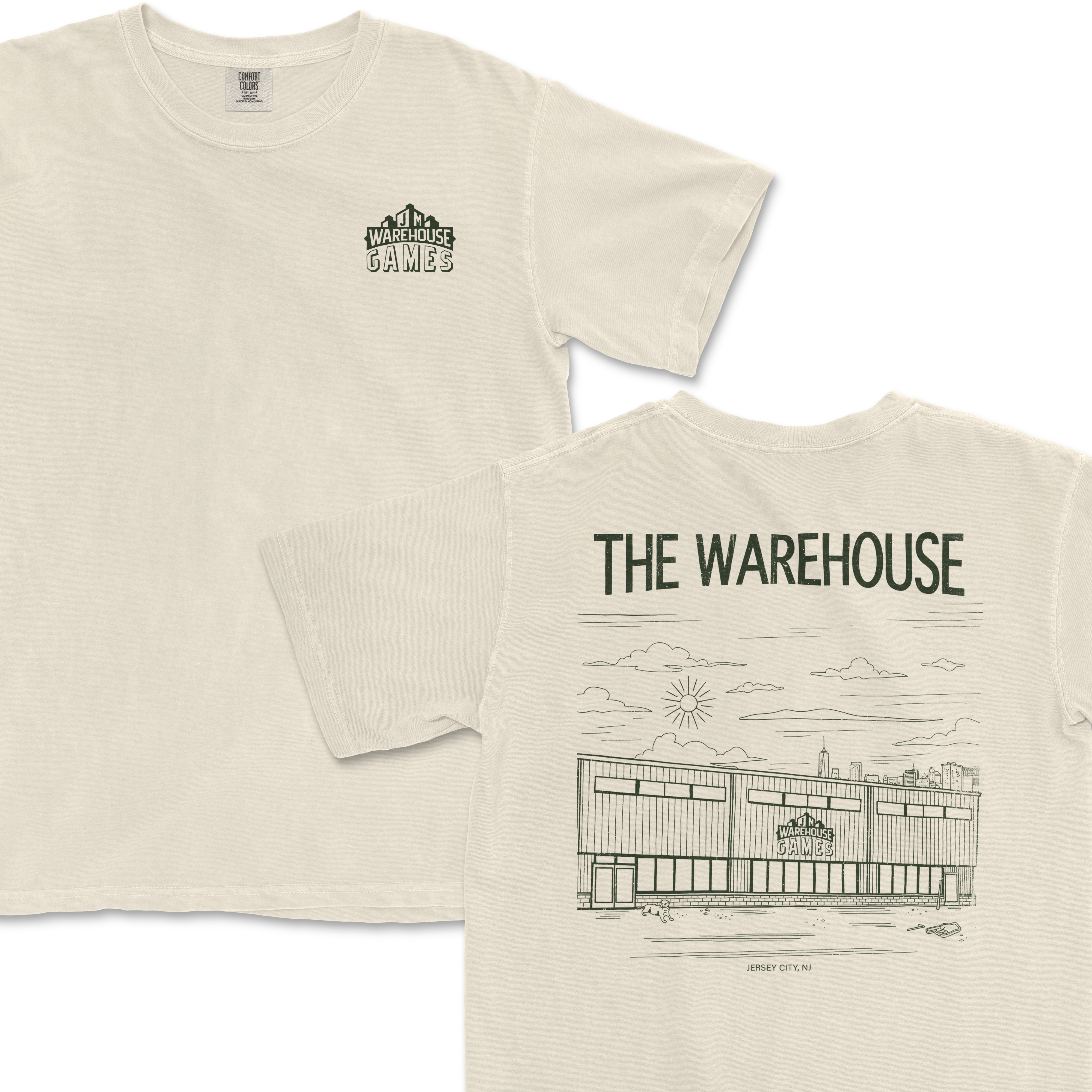 Cream-colored T-shirt with "The Warehouse" logo on front and a line art illustration of the warehouse building and city skyline on back.