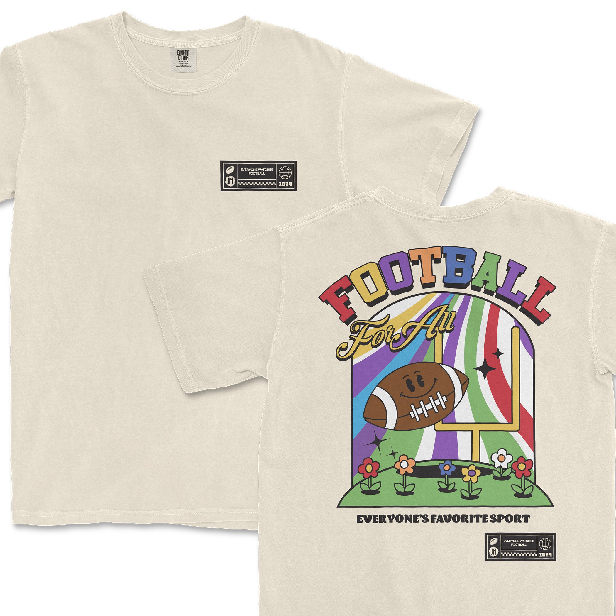 Beige Comfort Colors T-shirt featuring colorful "Football For All" graphic with a smiling football, goalpost, and flowers, celebrating football.