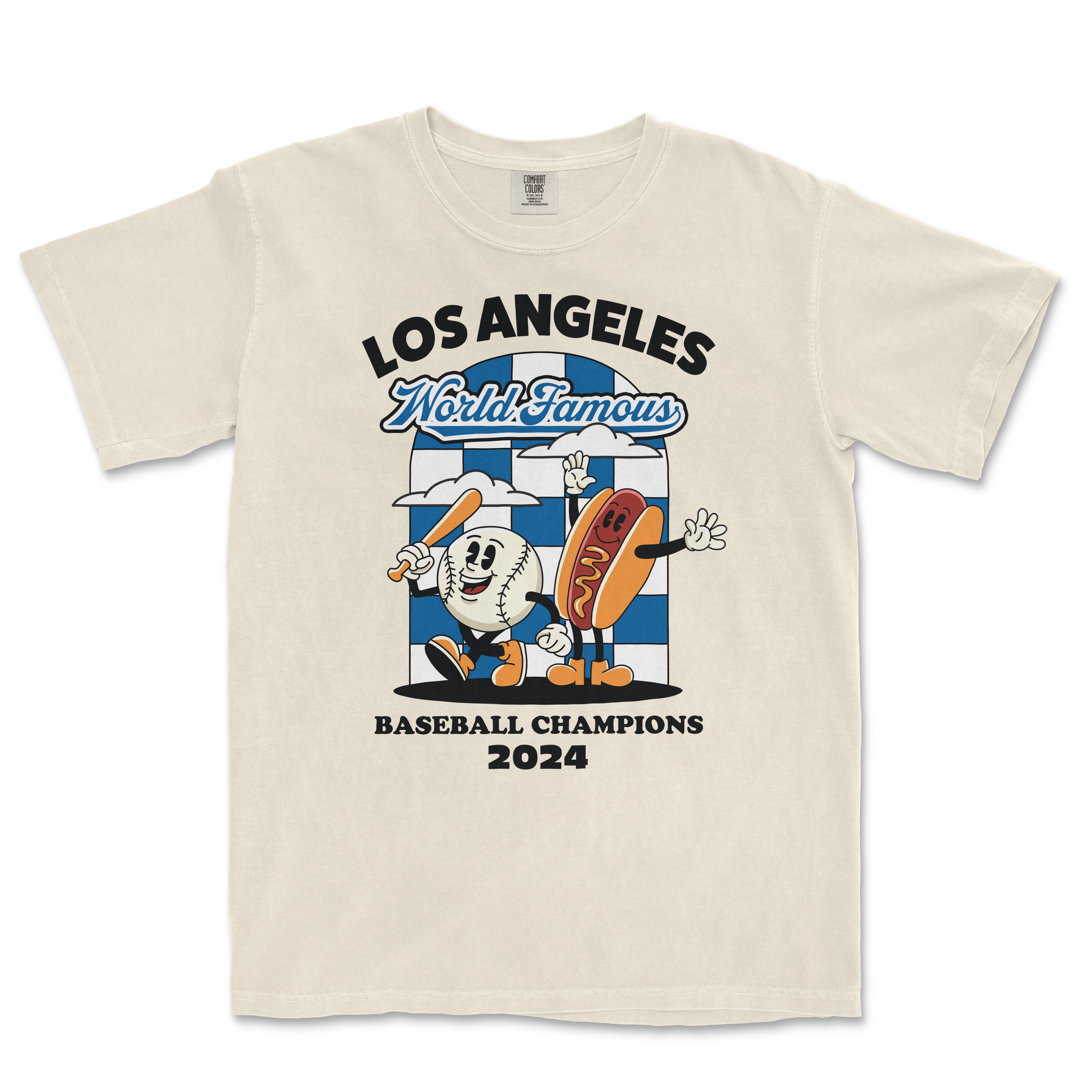 T-shirt celebrating the 2024 World Famous Baseball Champions, featuring cartoon characters of a baseball and hot dog with a baseball stadium background.